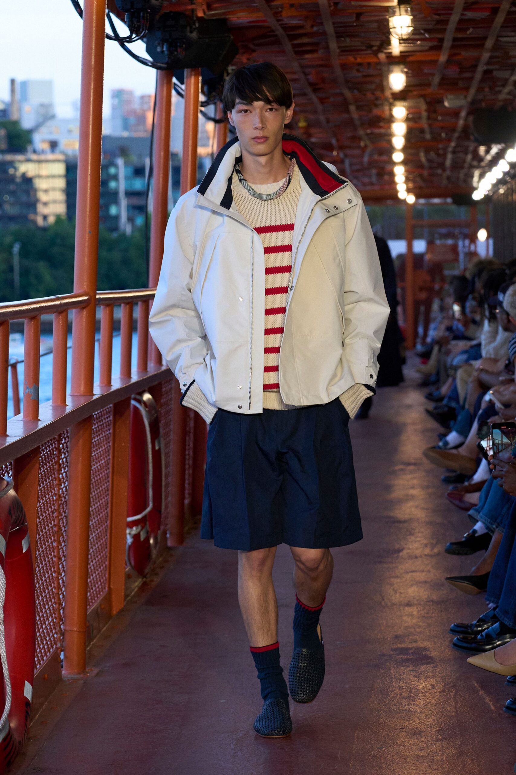 white cotton long-sleeve collared fitted striped sweater