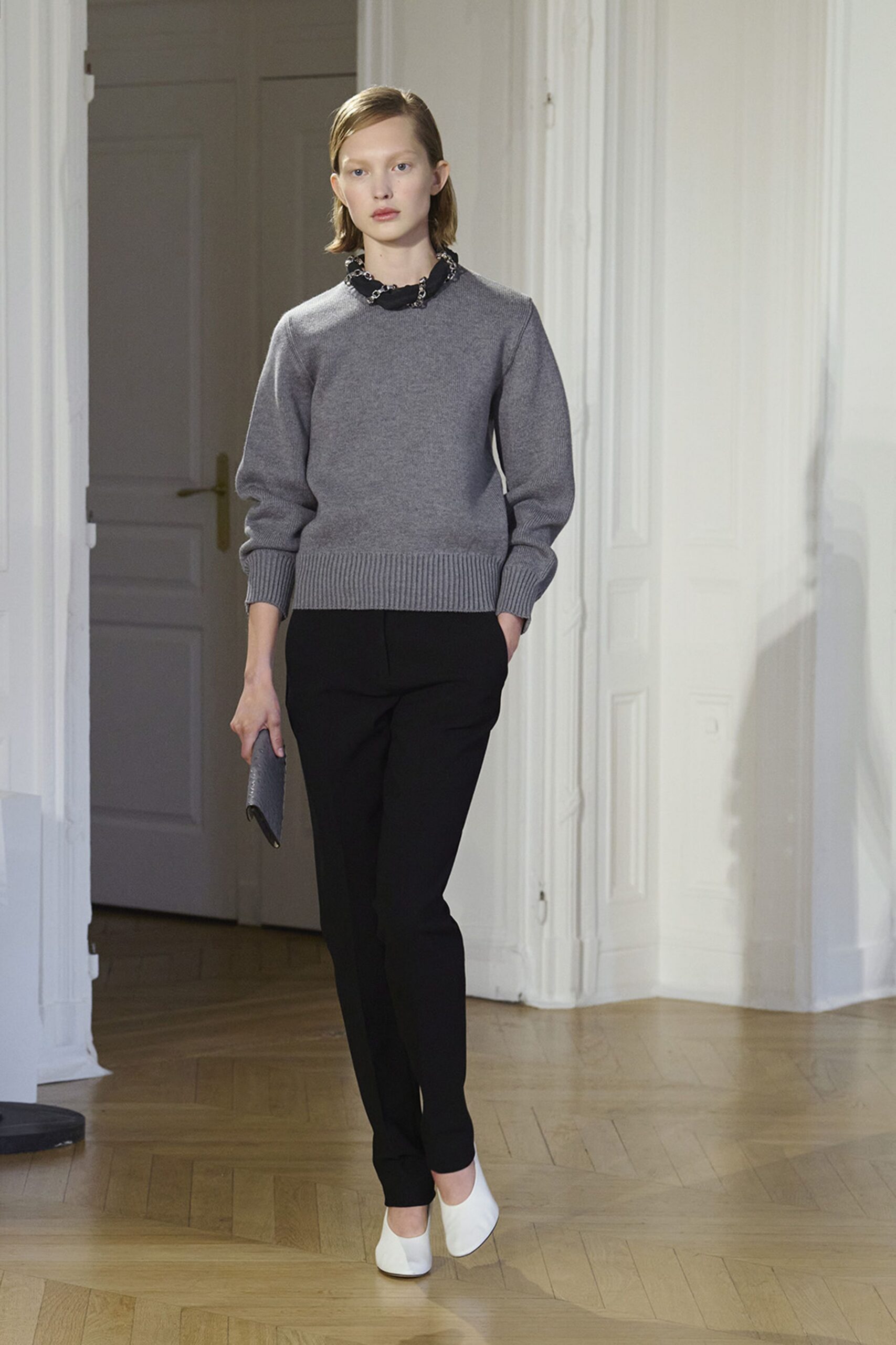 gray fitted sweater black pants