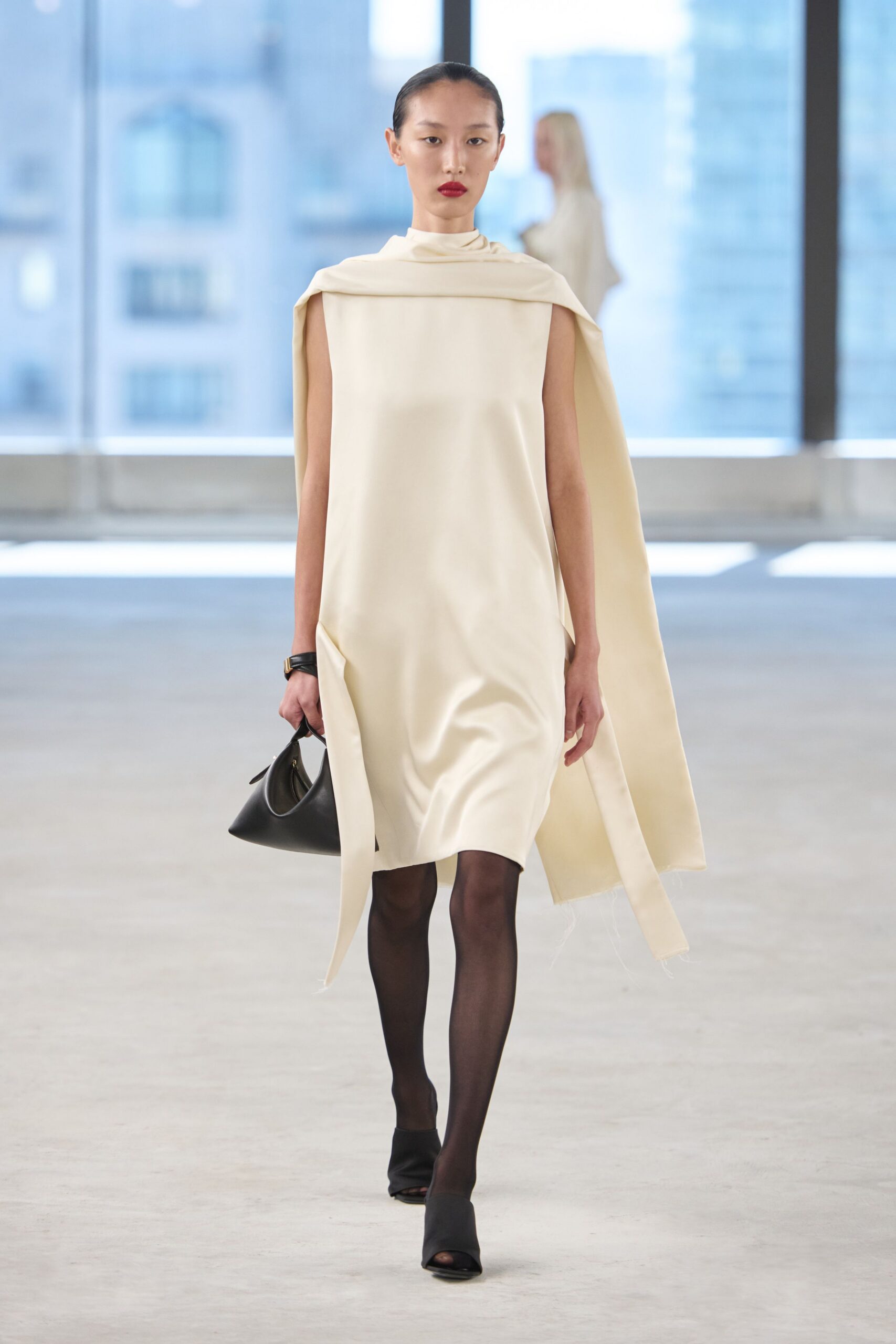 ivory silk sleeveless high-neck fitted draped mini dress