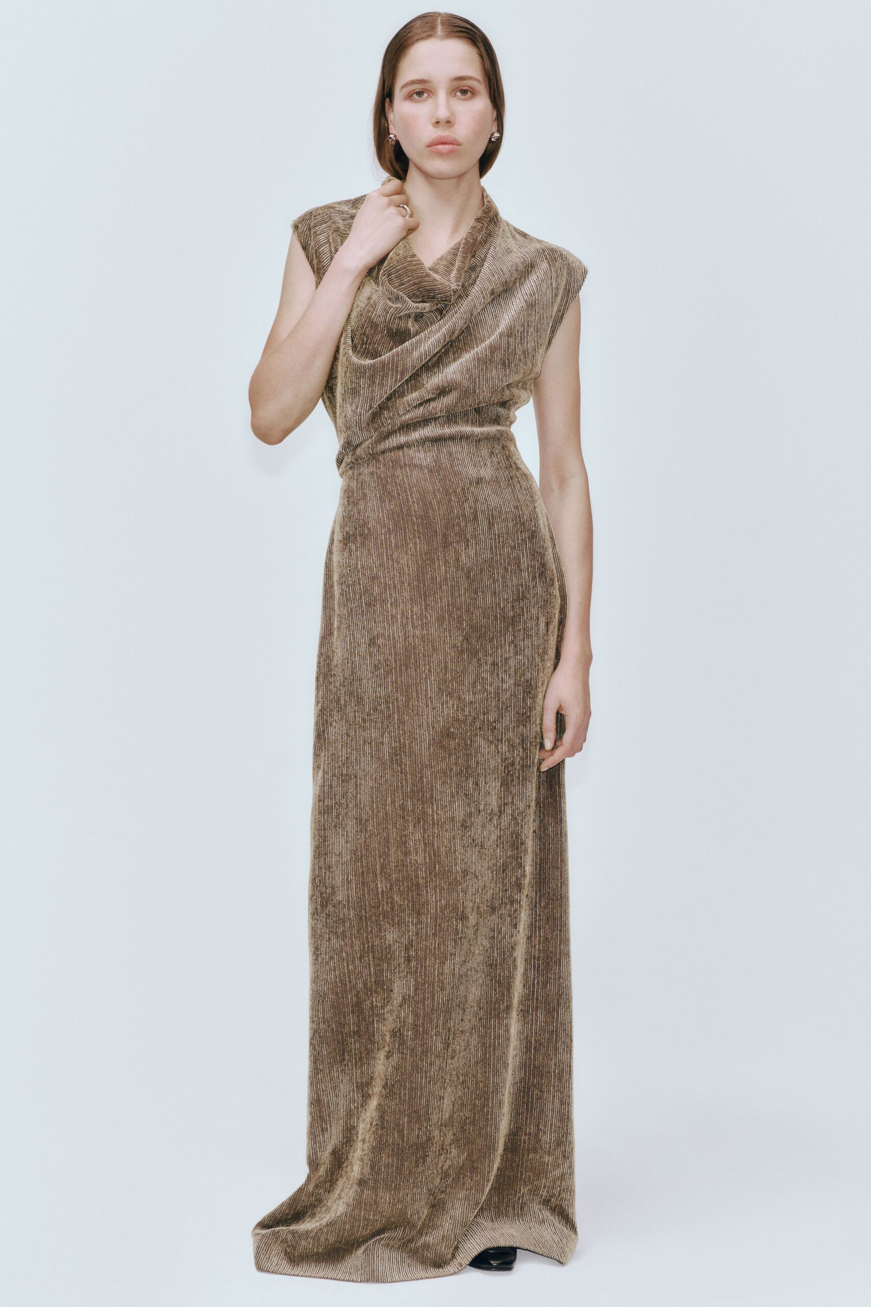 brown velvet sleeveless gown