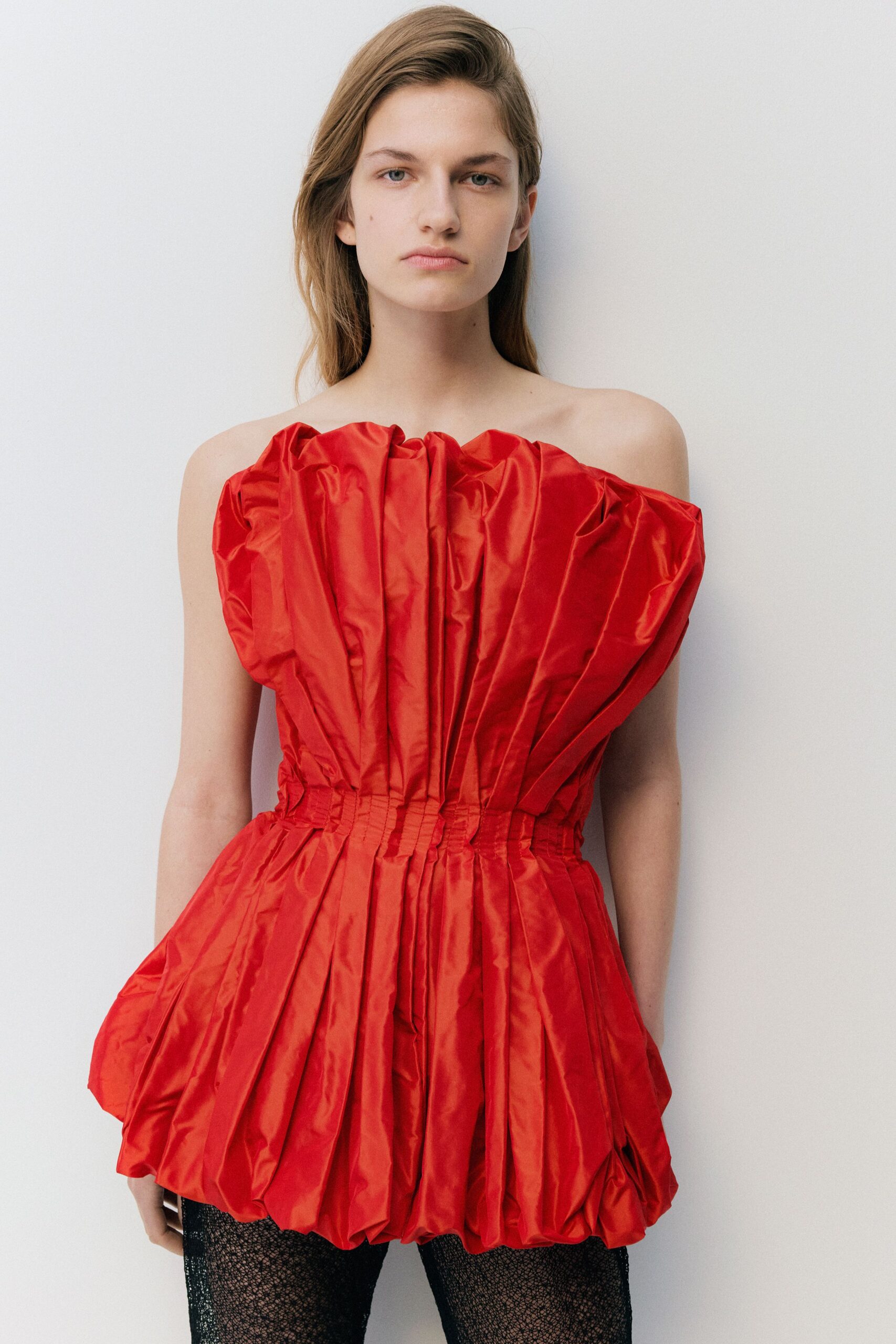 red silk strapless fitted pleated top