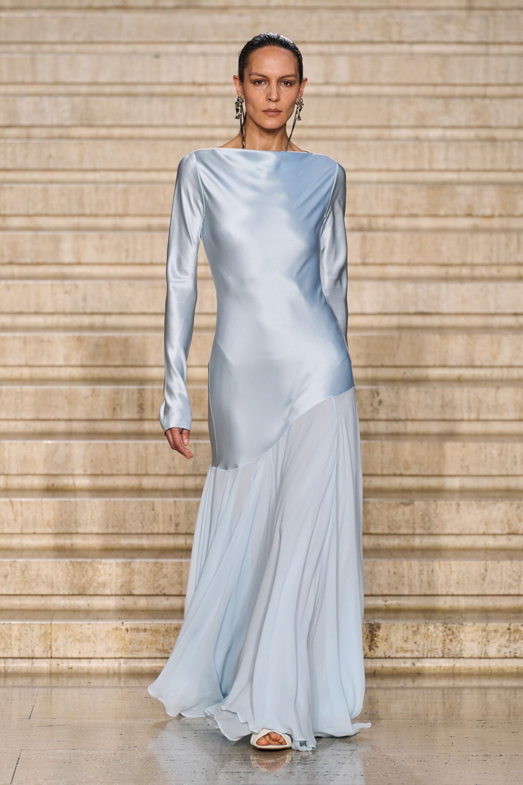 blue silk long-sleeve high-neck fitted draped flowing gown