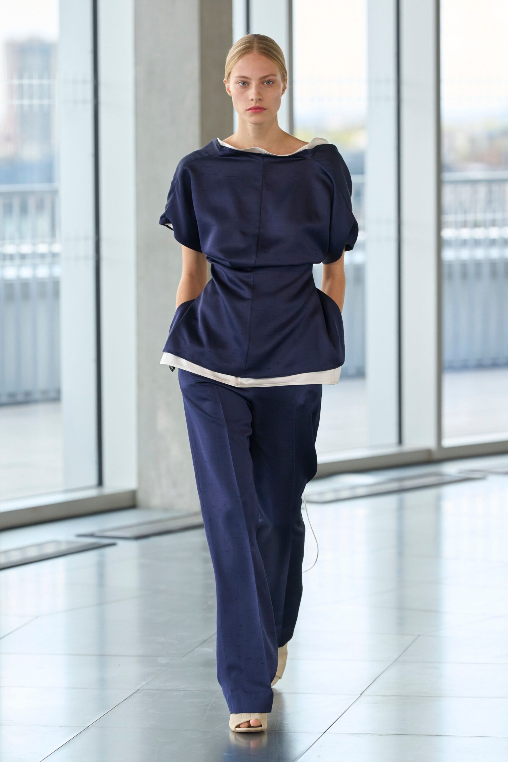 blue silk short-sleeve collared relaxed draped top