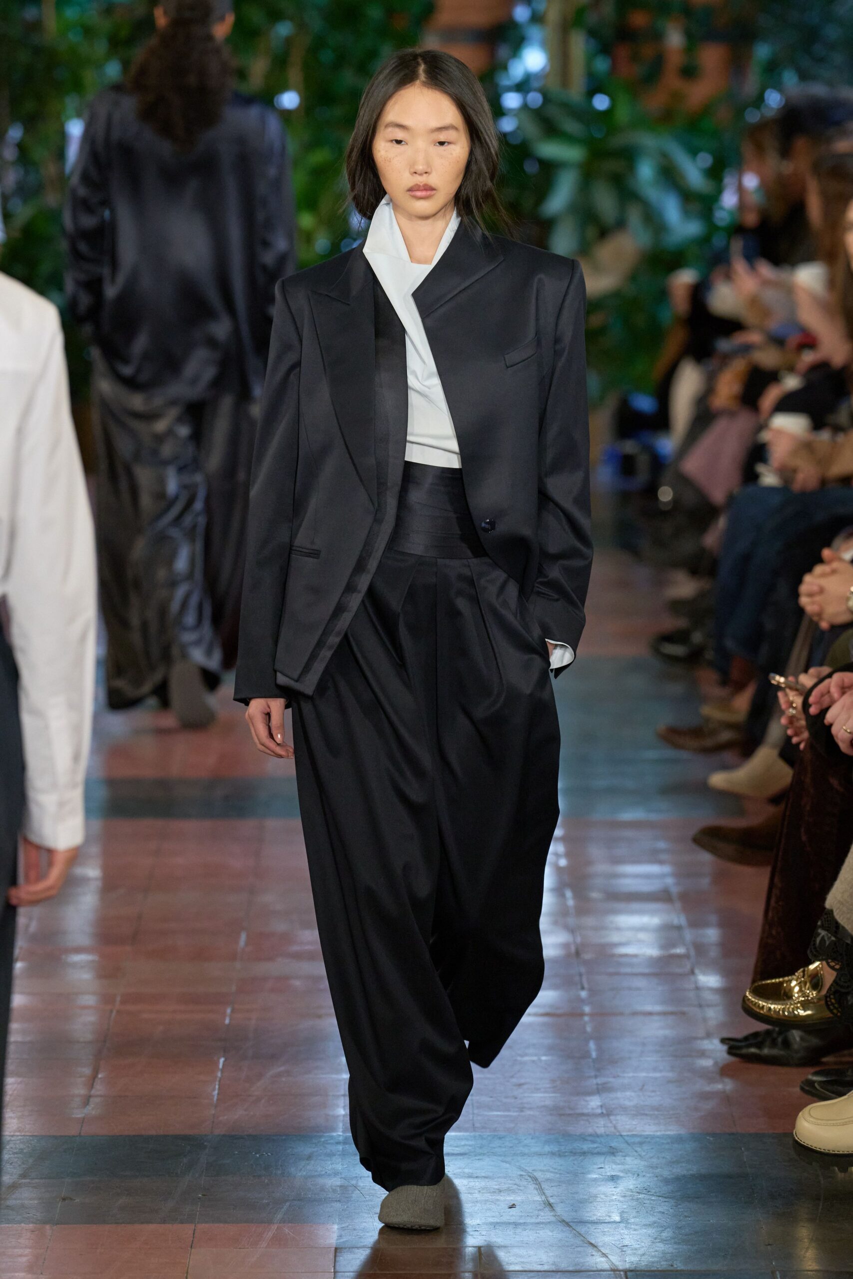 black silk blazer with white shirt