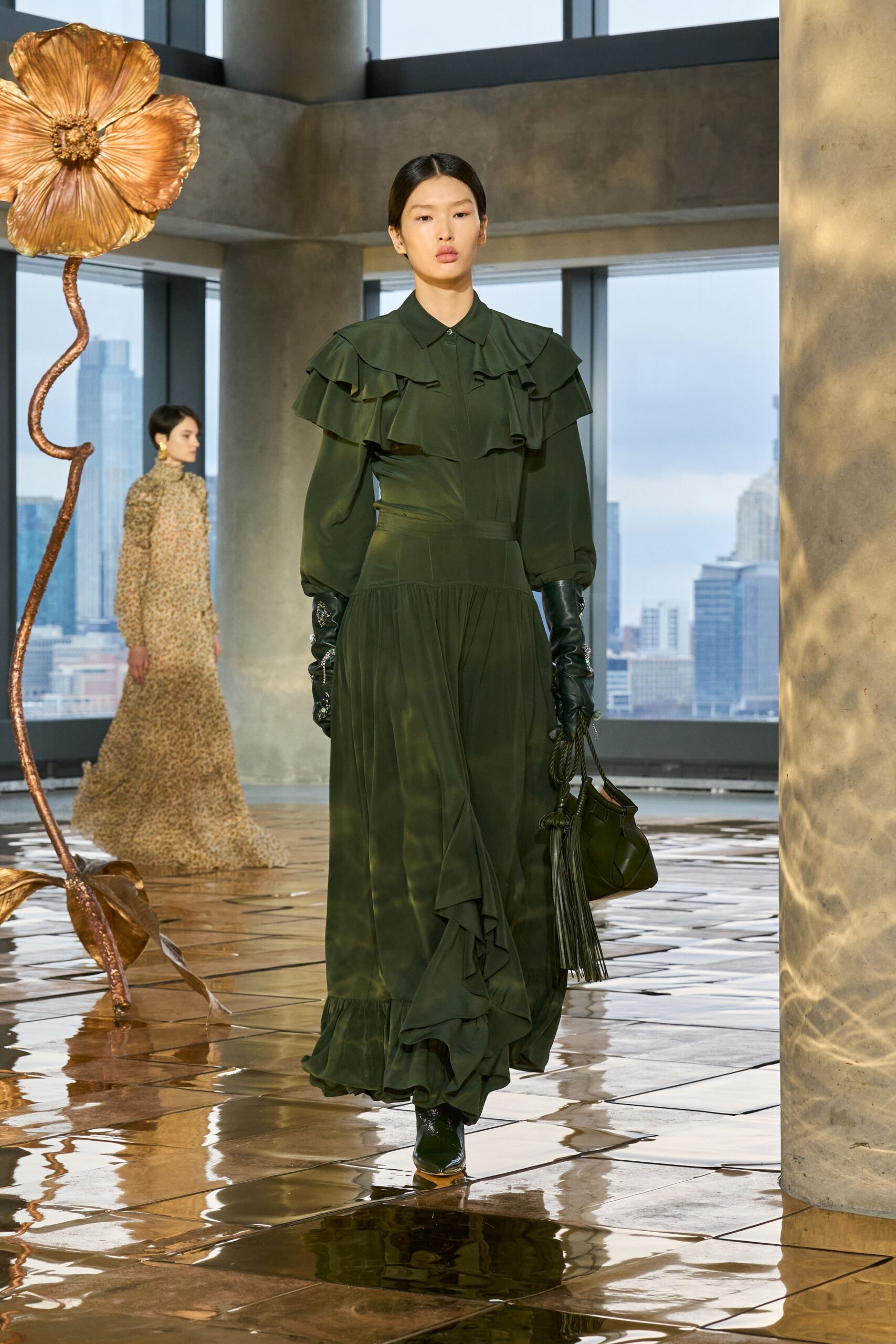 green silk long-sleeve collared fitted ruffled tiered dress