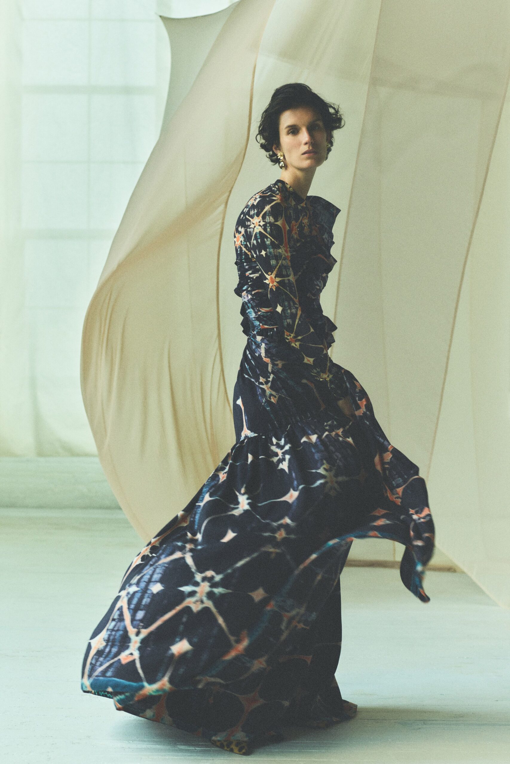 black multi-colored ruffled gown