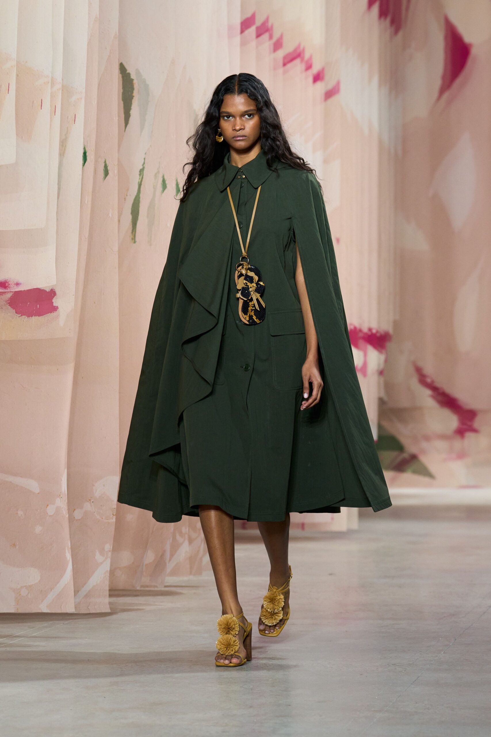 green relaxed midi dress with cape