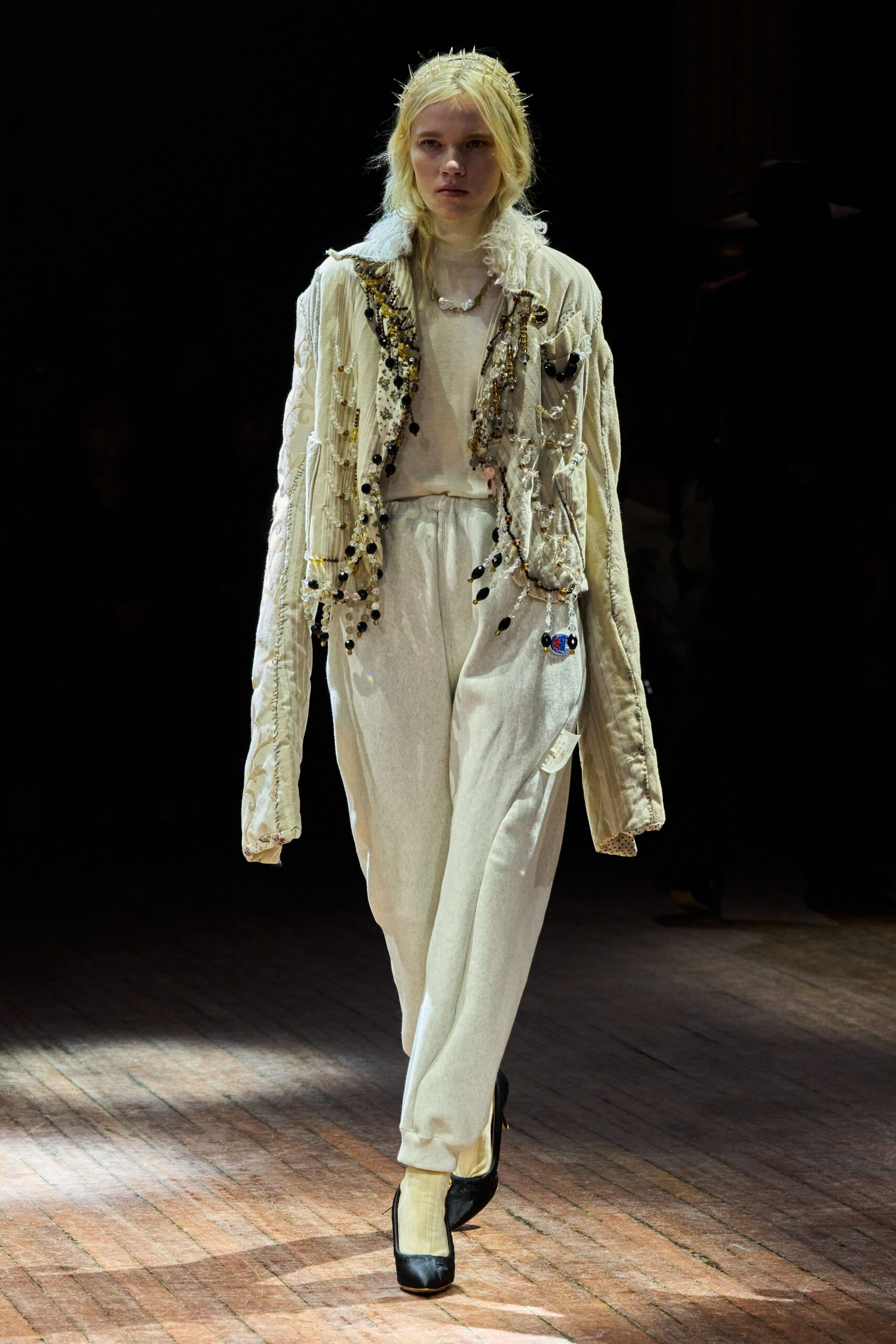 white silk long-sleeve collared oversized embroidered beaded jacket