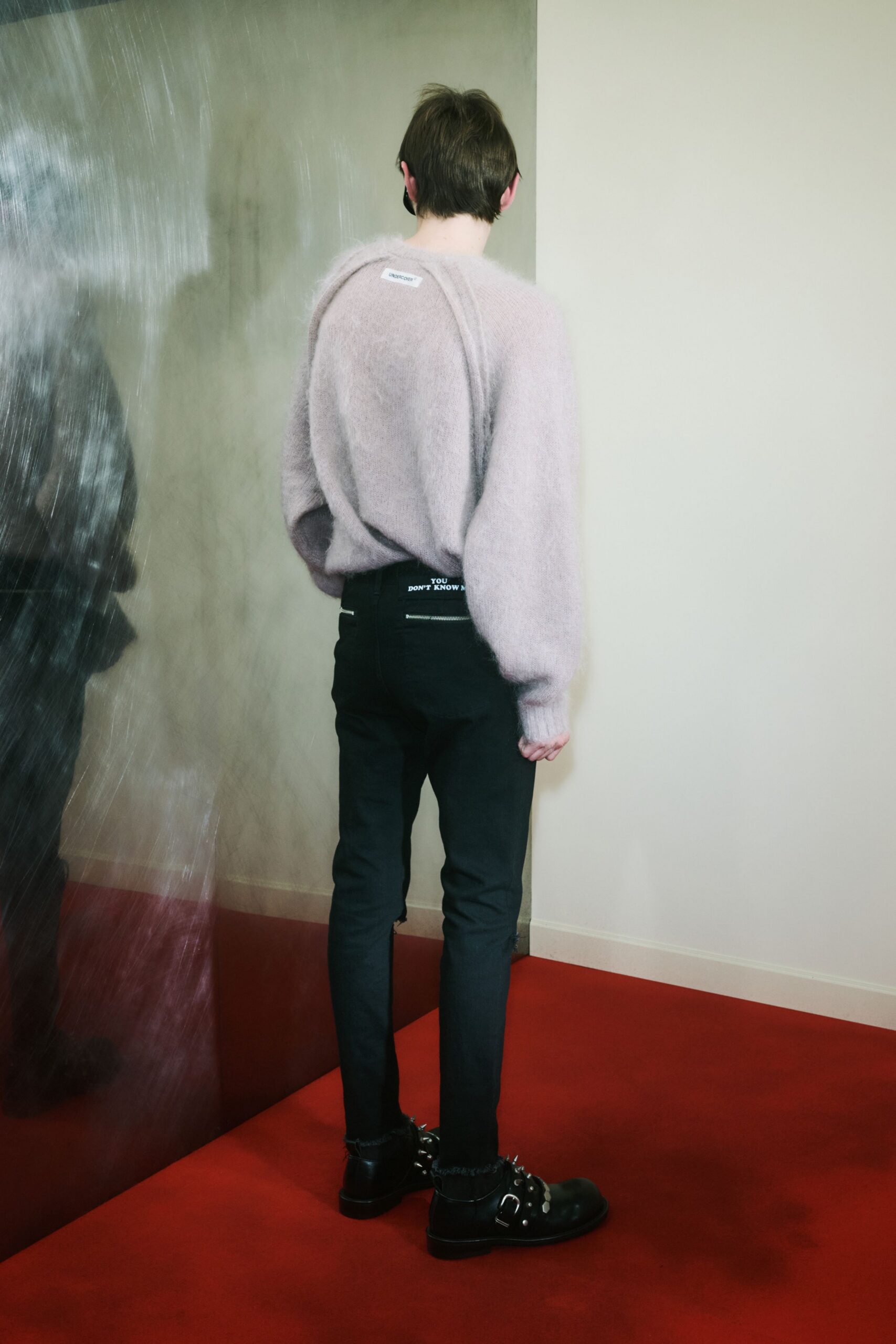 pink wool long-sleeve collared relaxed sweater