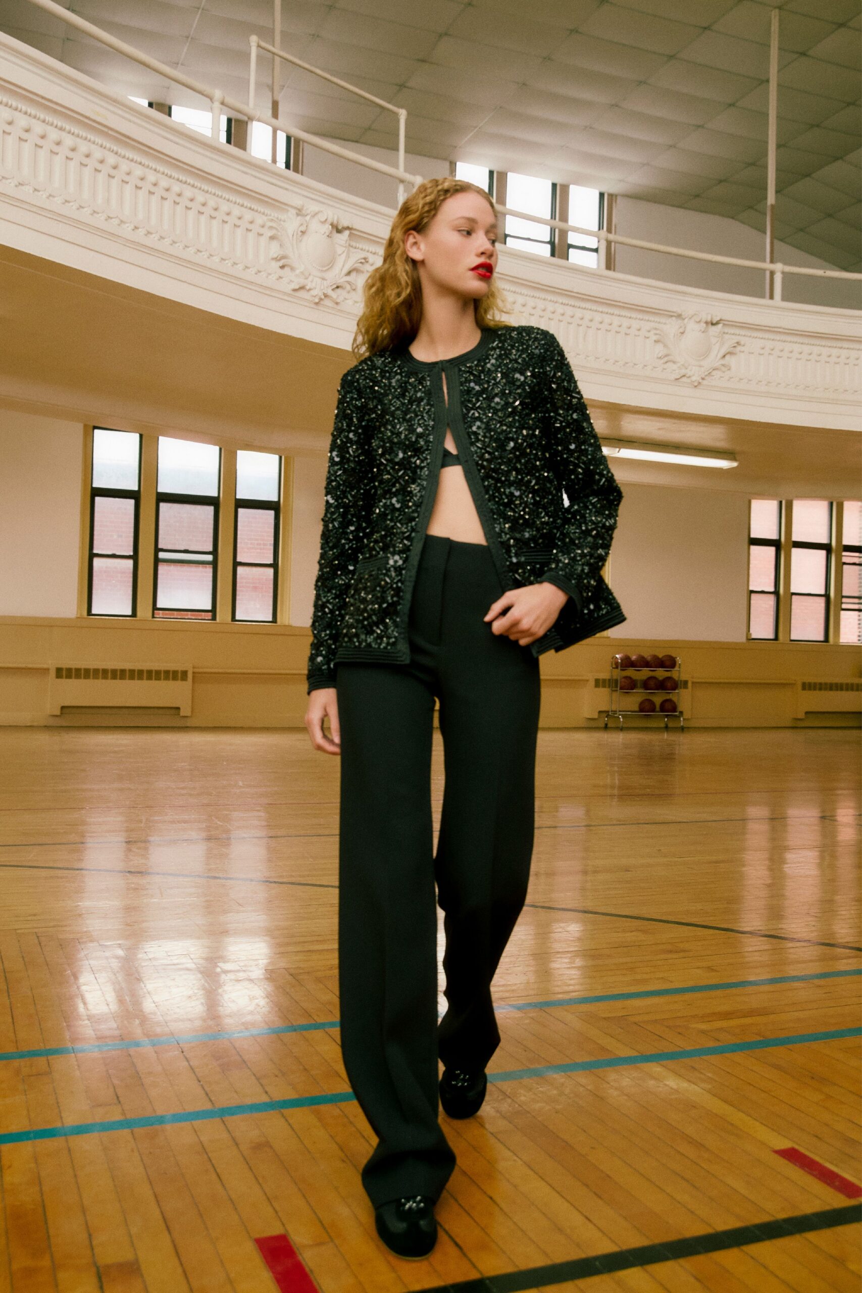 black sequin long-sleeve collared fitted buttoned embellished jacket