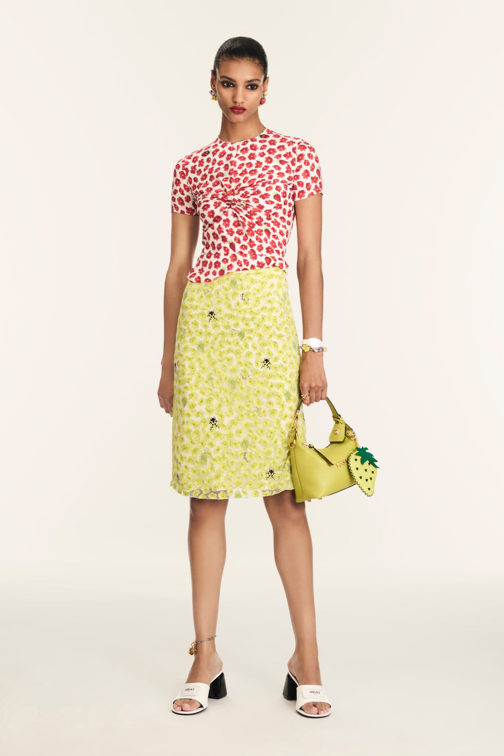 red printed top yellow embroidered skirt