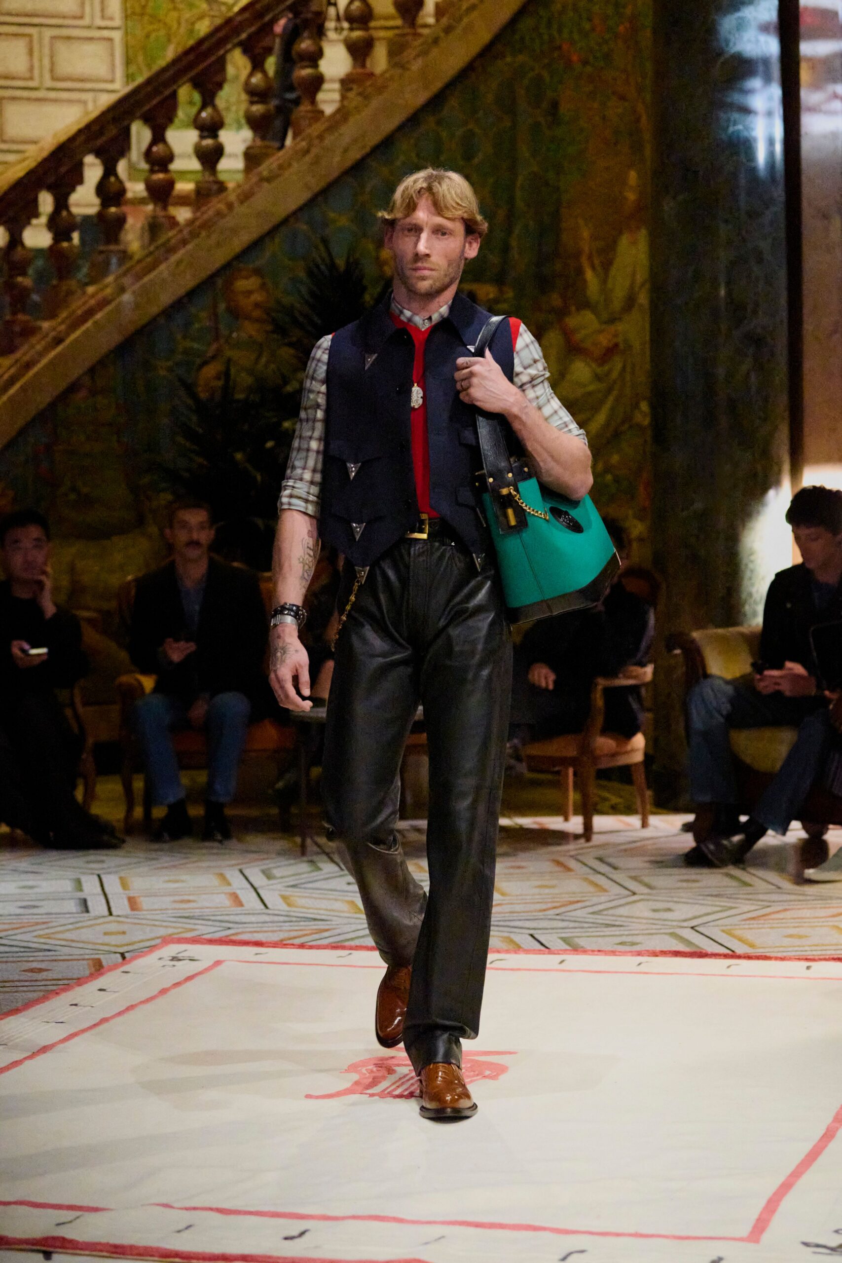 black leather slim straight-leg pants