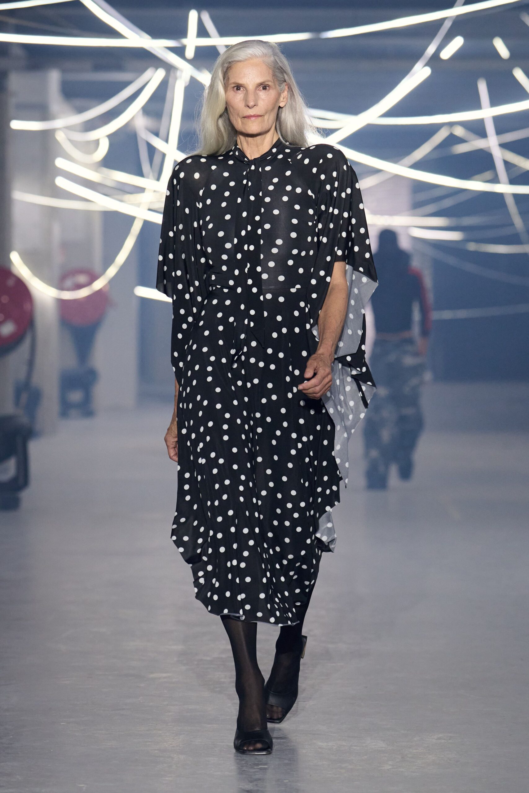 black silk long-sleeve collared relaxed polka-dot draped dress
