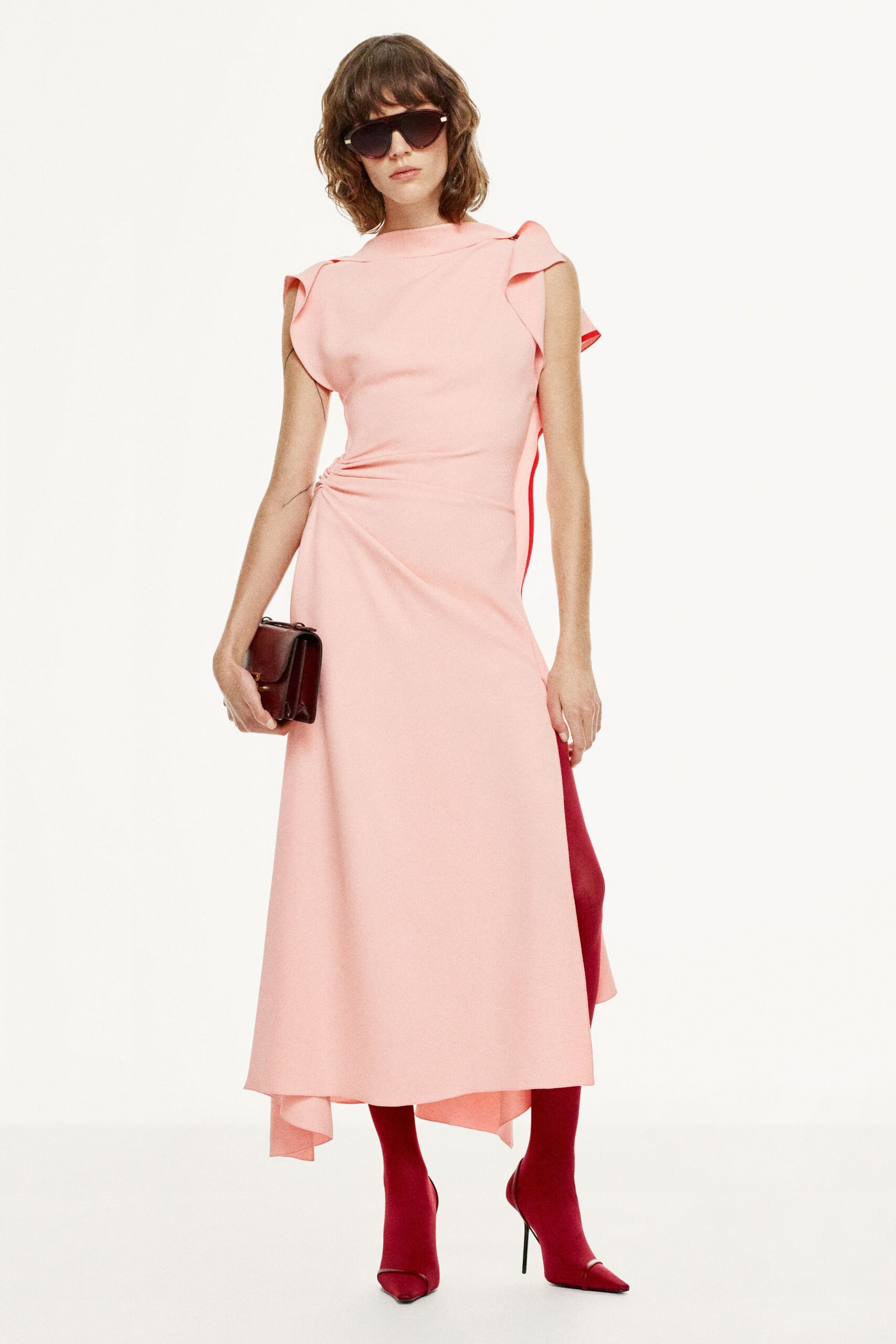 pink cotton short-sleeve high-neck fitted ruffled draped dress