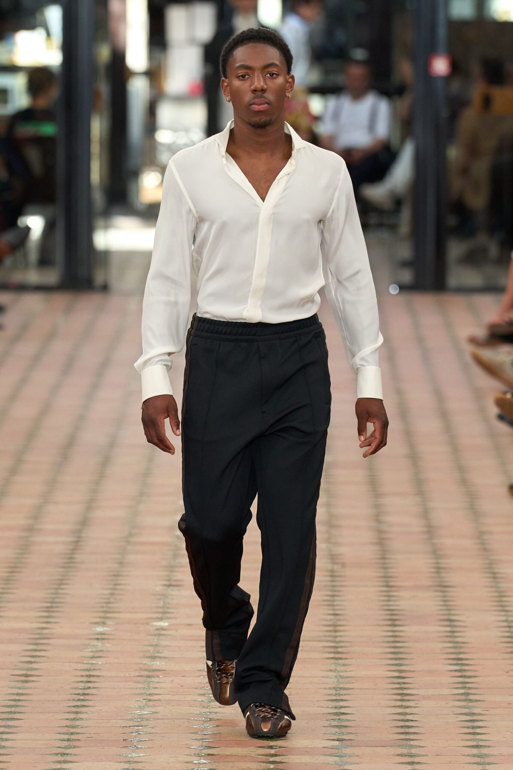 white fitted shirt black relaxed pants