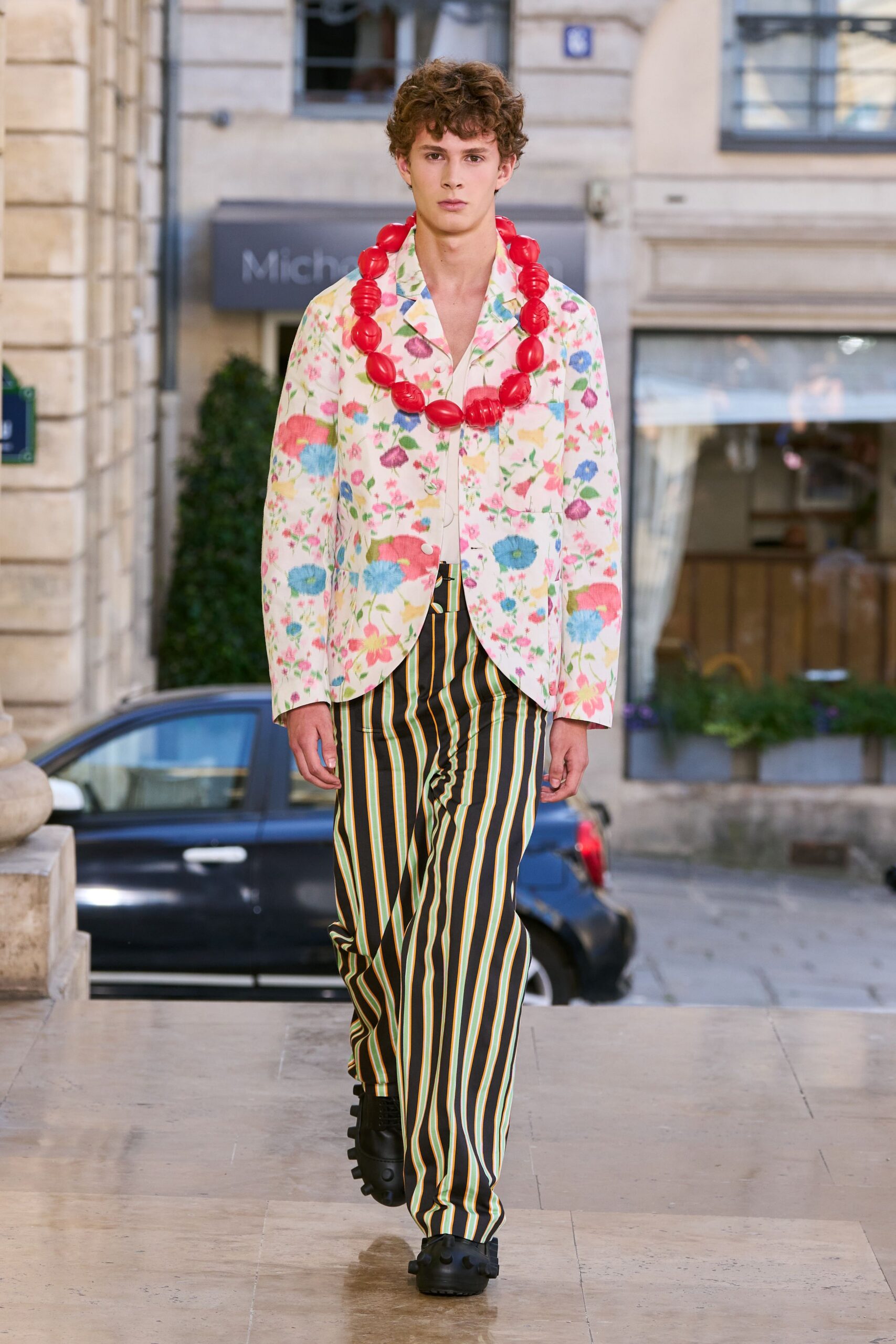 floral blazer with striped pants