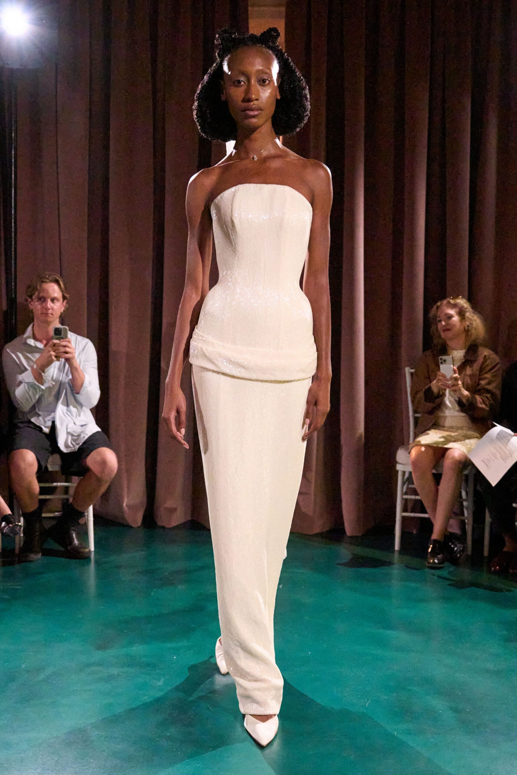 white silk strapless fitted ruched shiny maxi gown