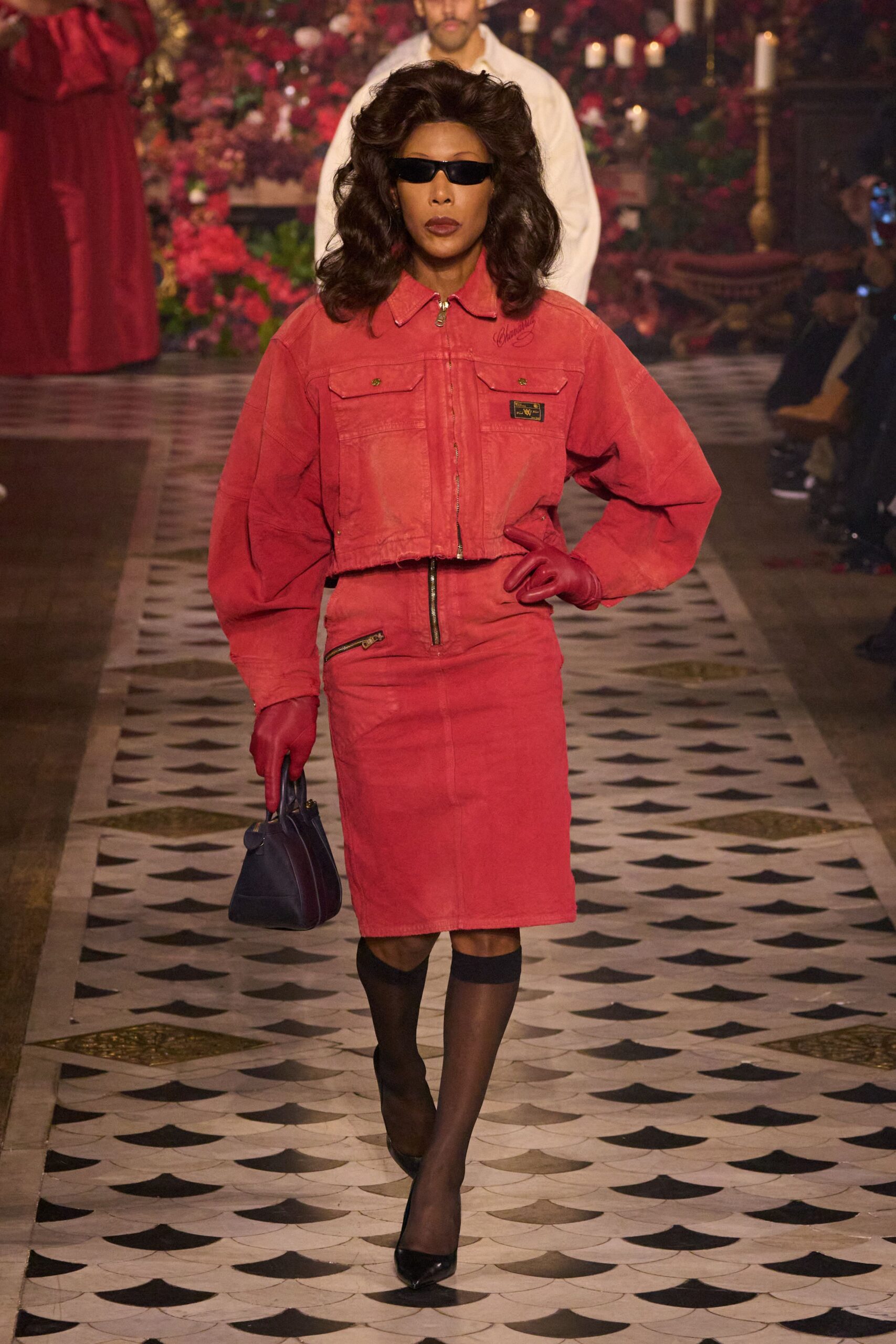 red cotton long-sleeve collared fitted zippered jacket