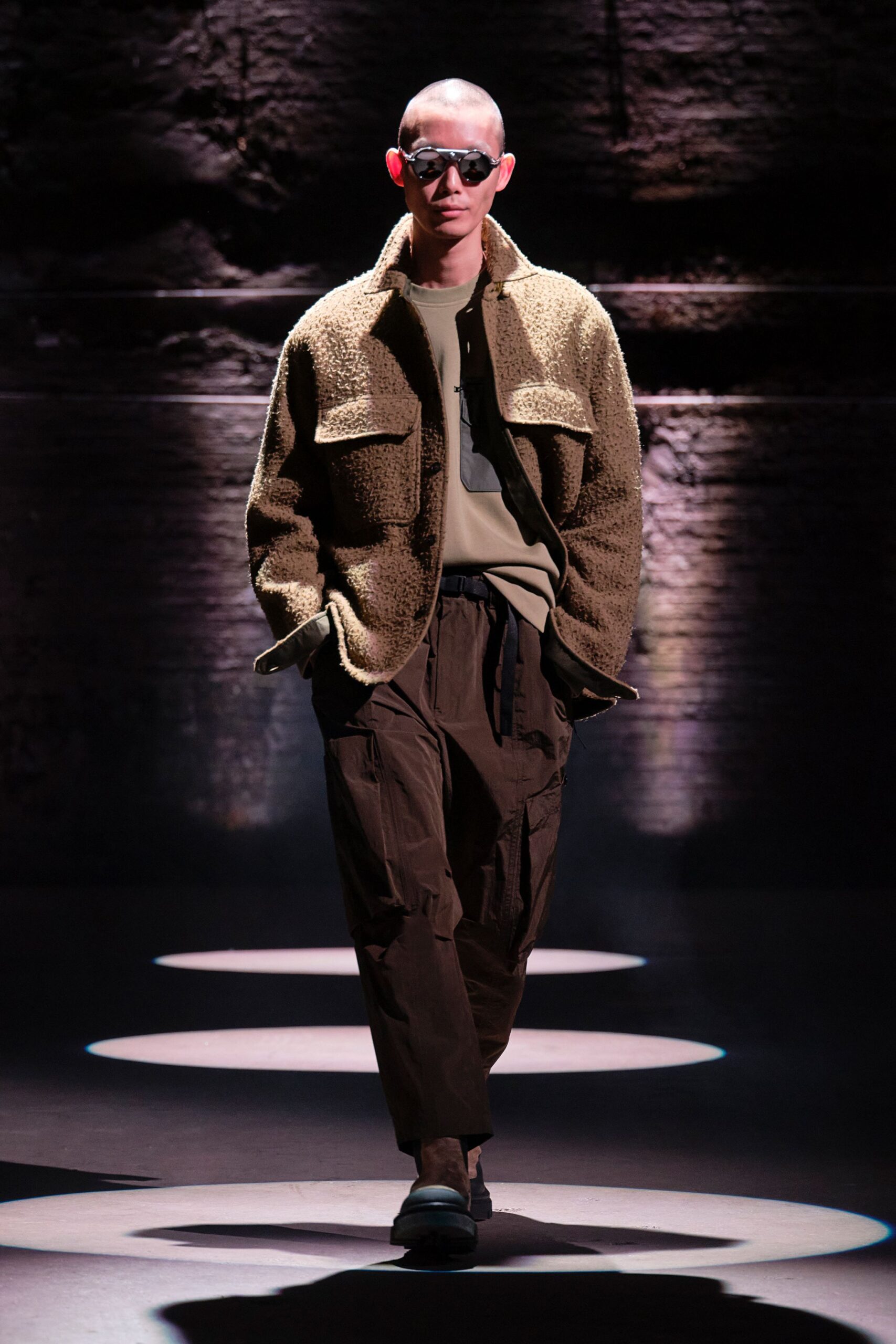 brown faux-fur jacket with cargo pants