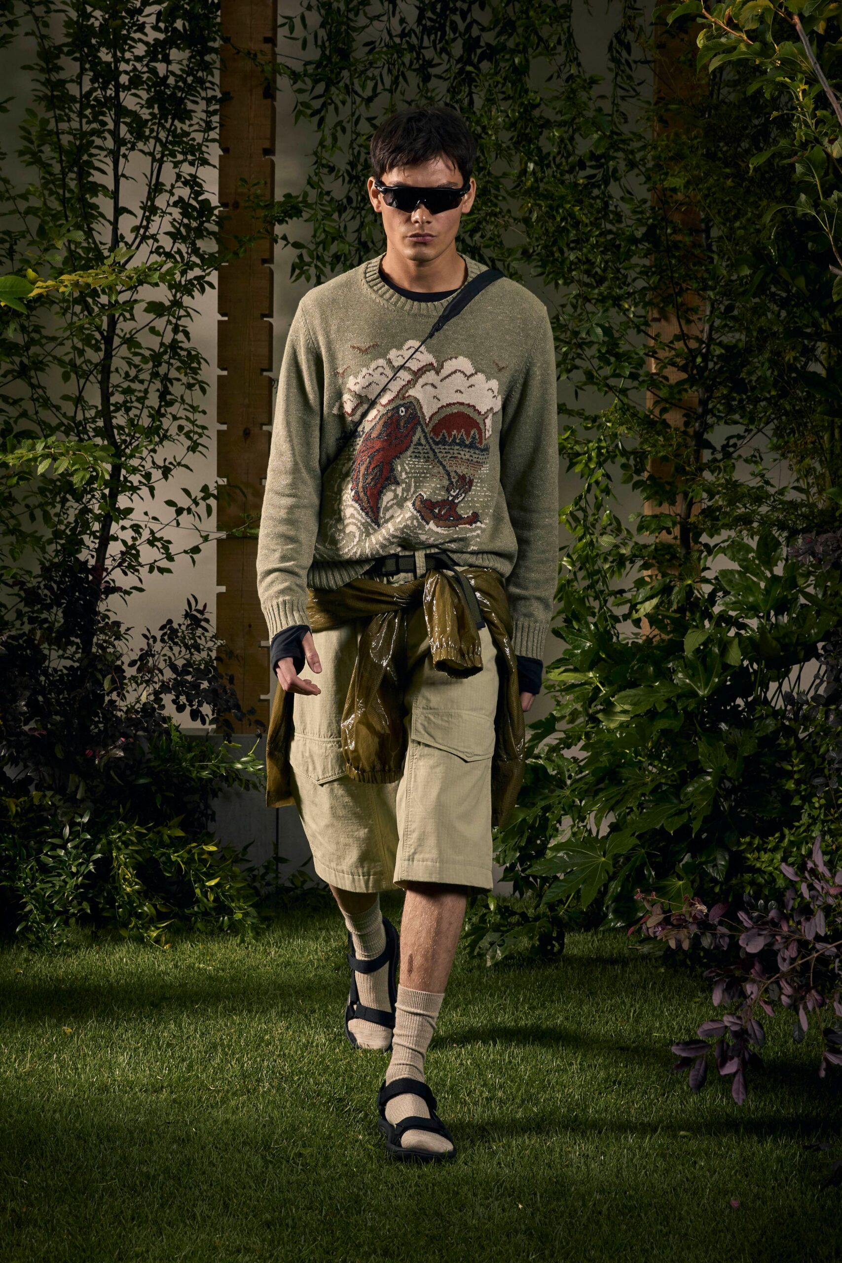 green printed sweater with shorts