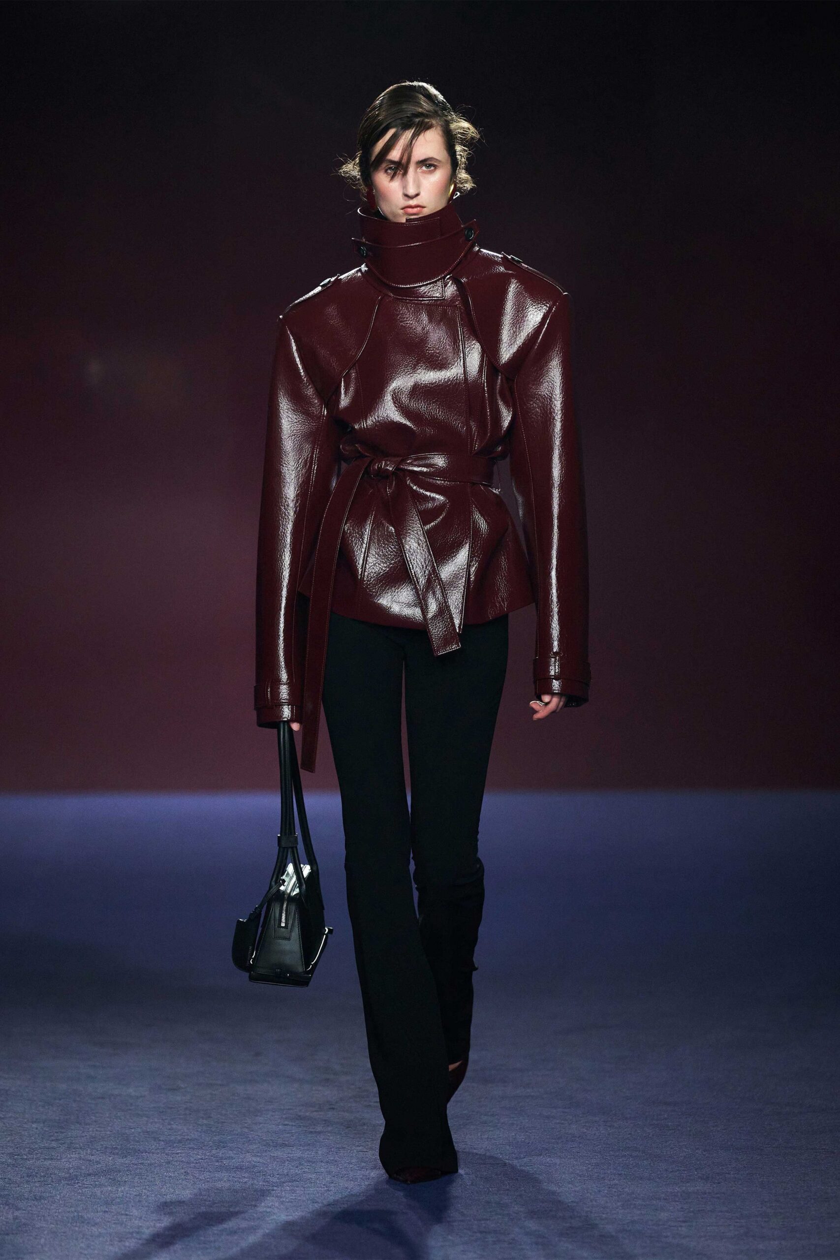 maroon leather long-sleeve collared fitted belted jacket