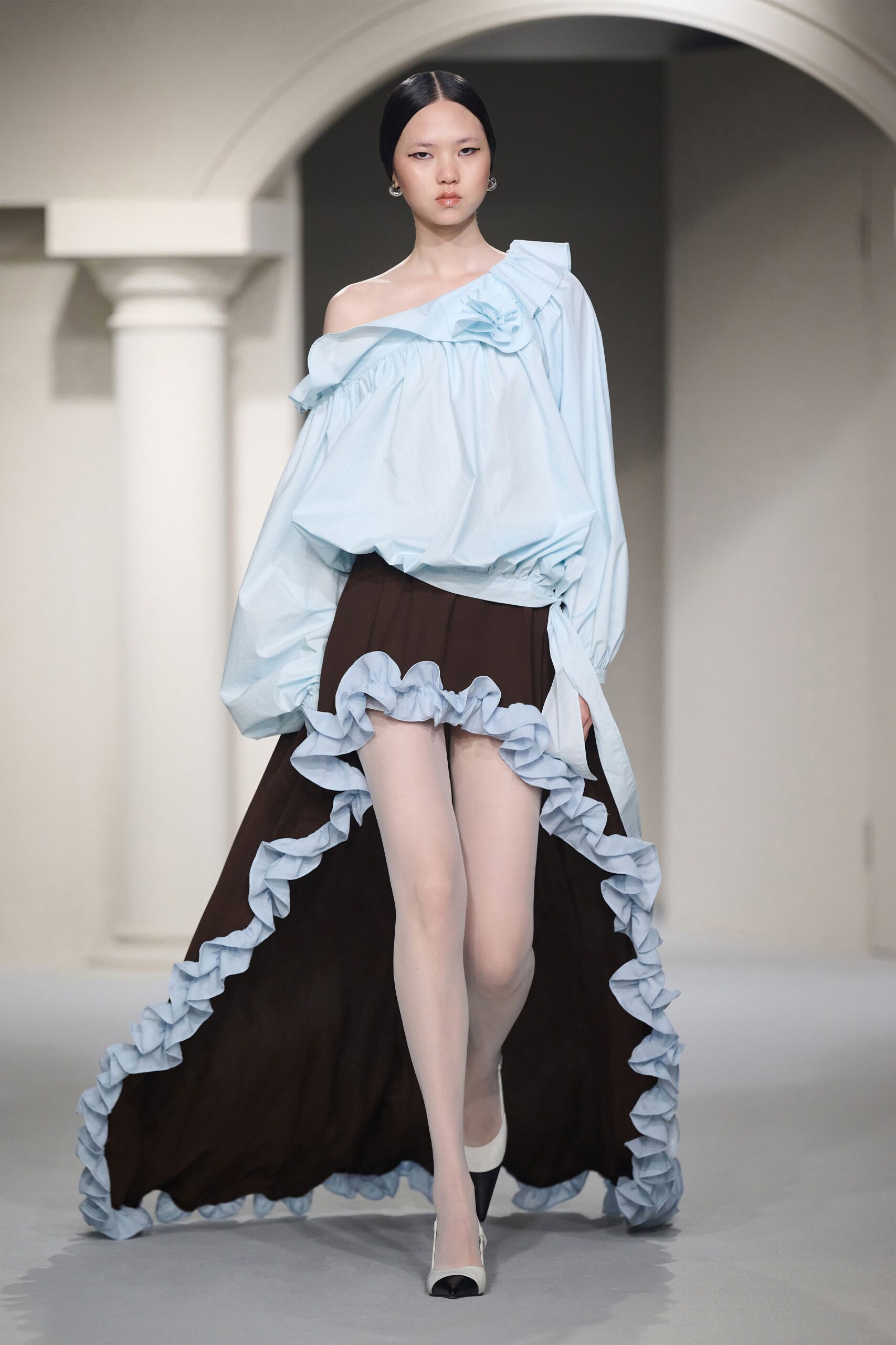 blue cotton long-sleeve off-shoulder relaxed ruffled top