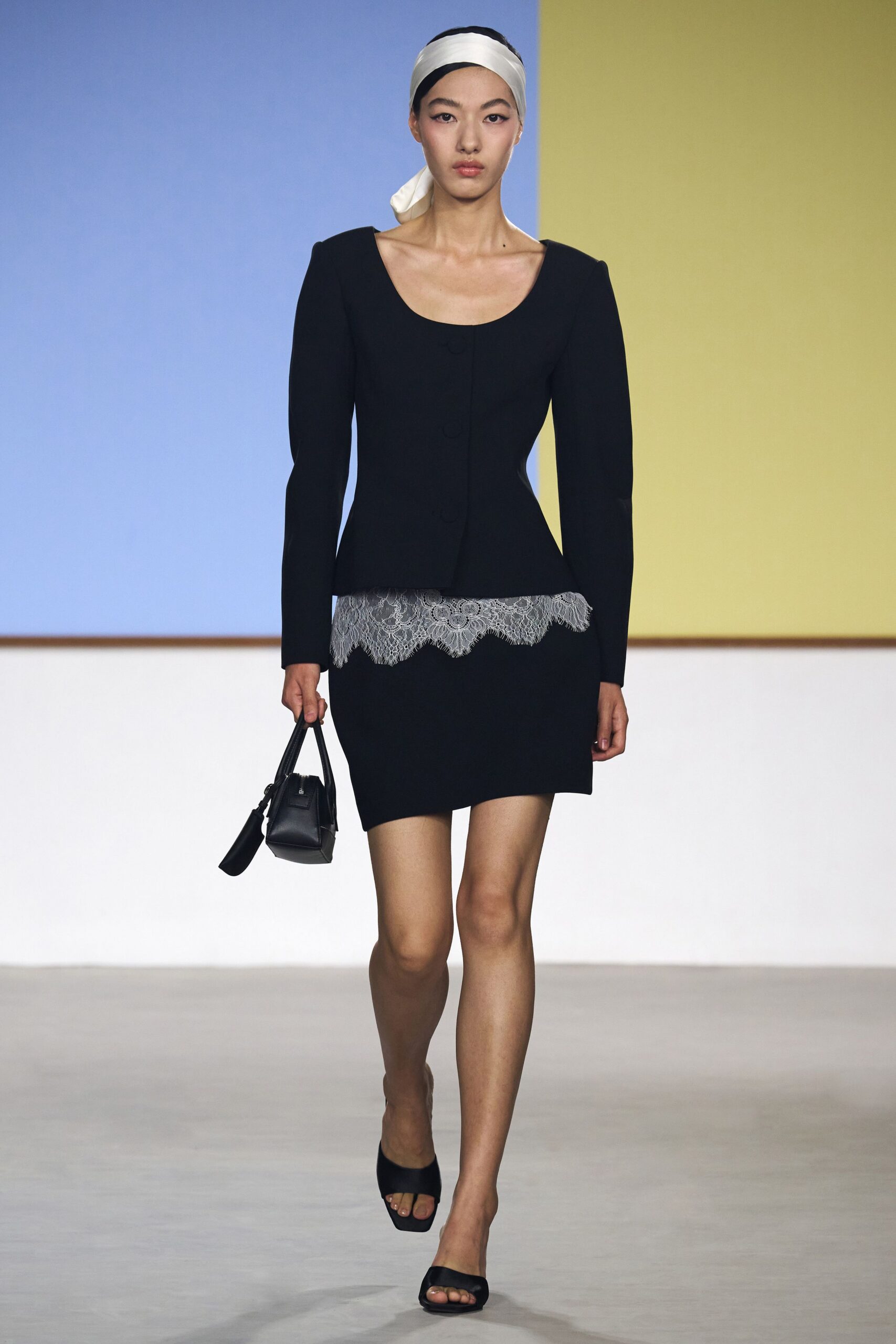 black cotton long-sleeve collared fitted ruffled mini dress