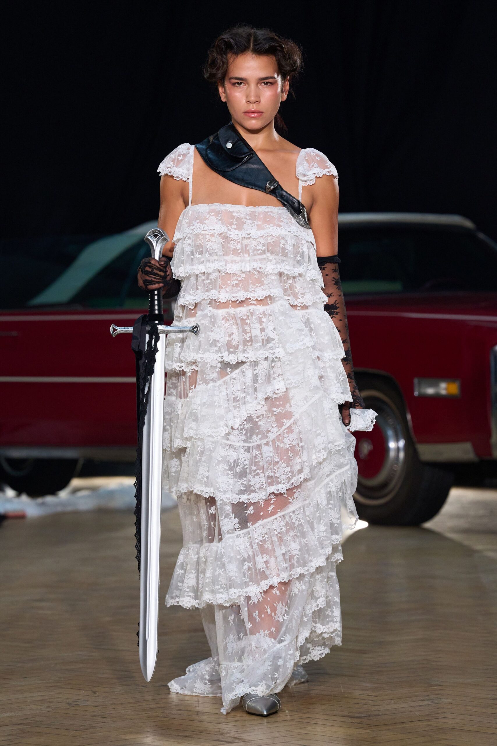 white lace sleeveless v-neck fitted tiered ruffled gown