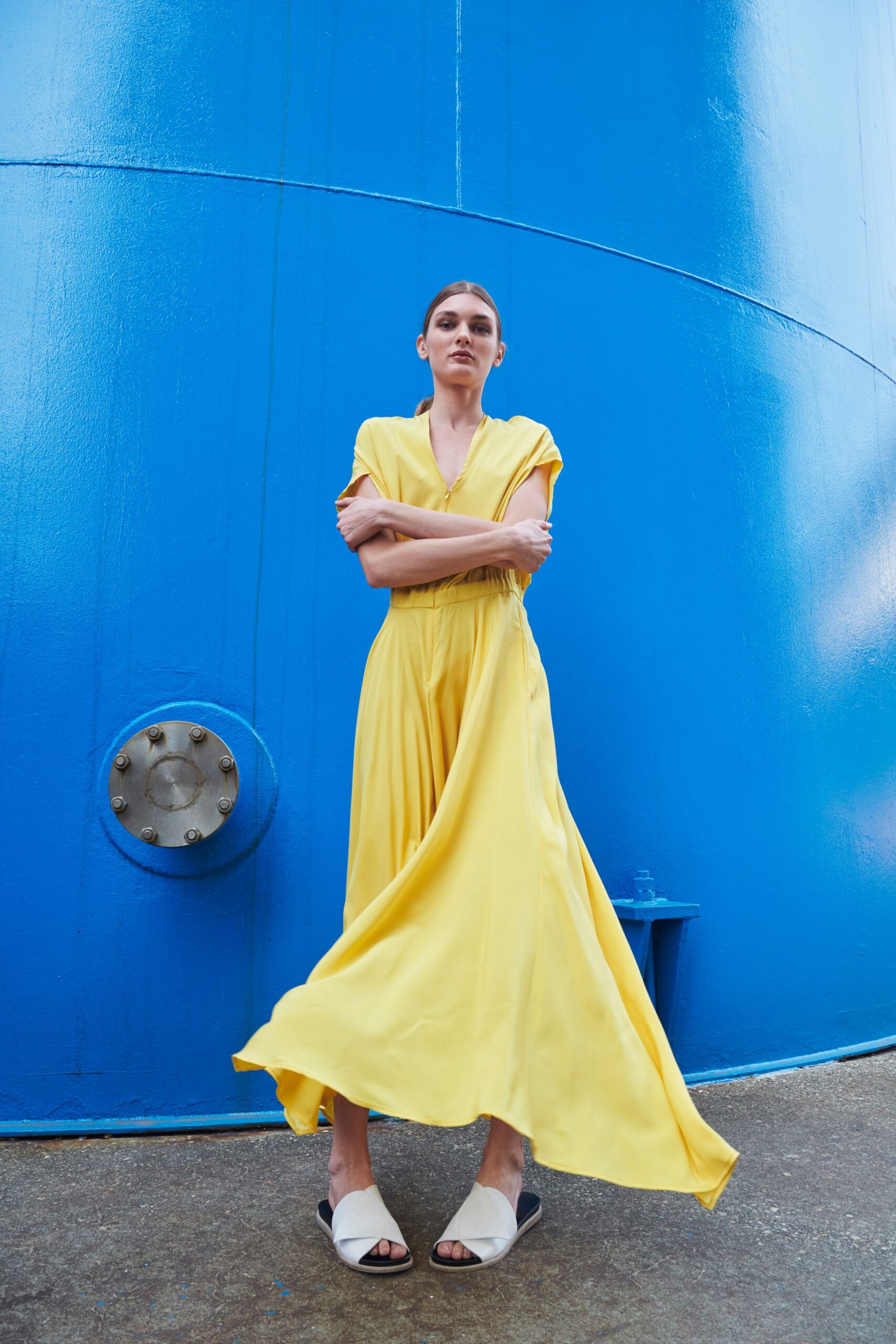 yellow silk short-sleeve v-neck fitted draped flowing dress