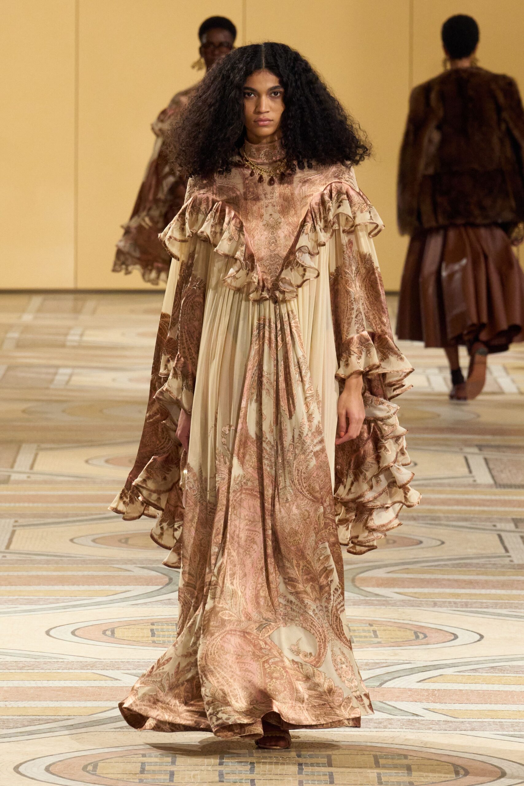 beige brown embroidered ruffled gown
