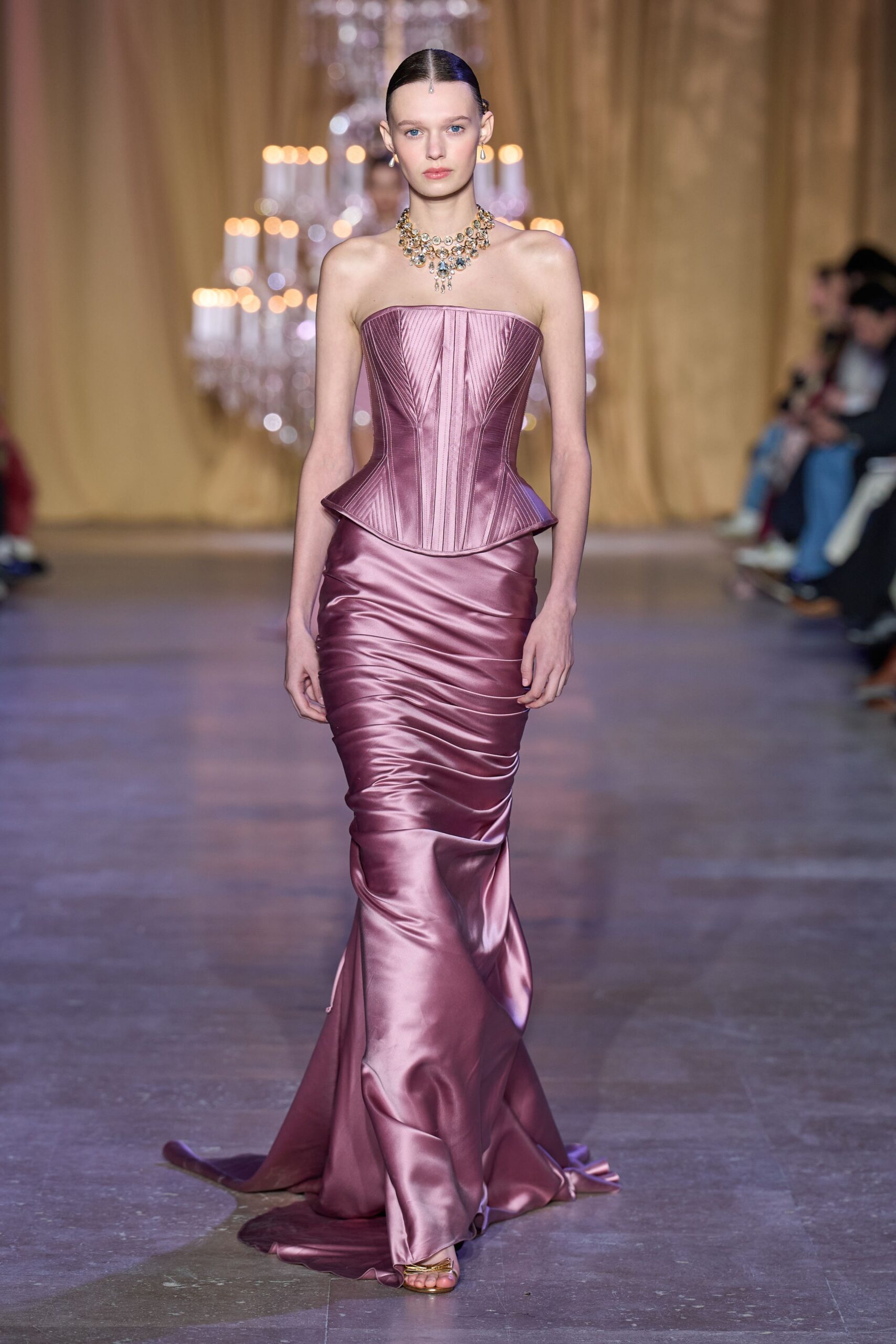 pink satin strapless fitted structured shiny corset