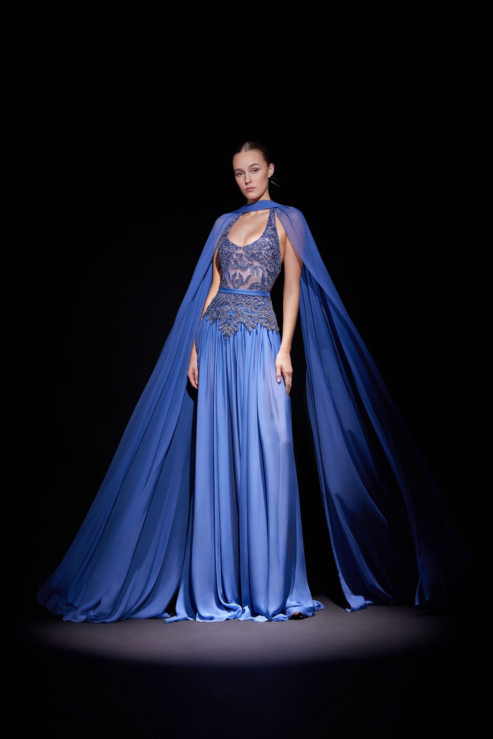 blue silk gown with cape