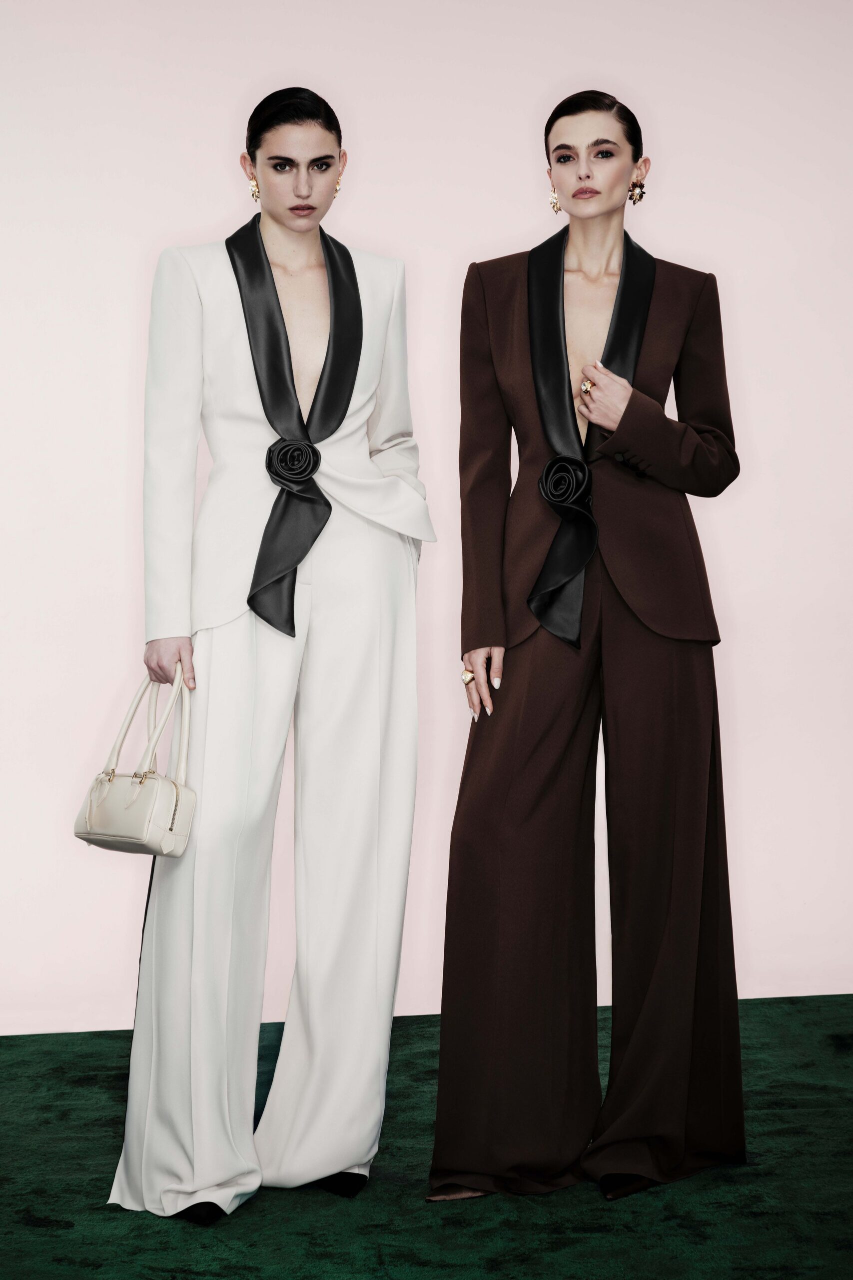 brown silk long-sleeve v-neck tailored buttoned suit