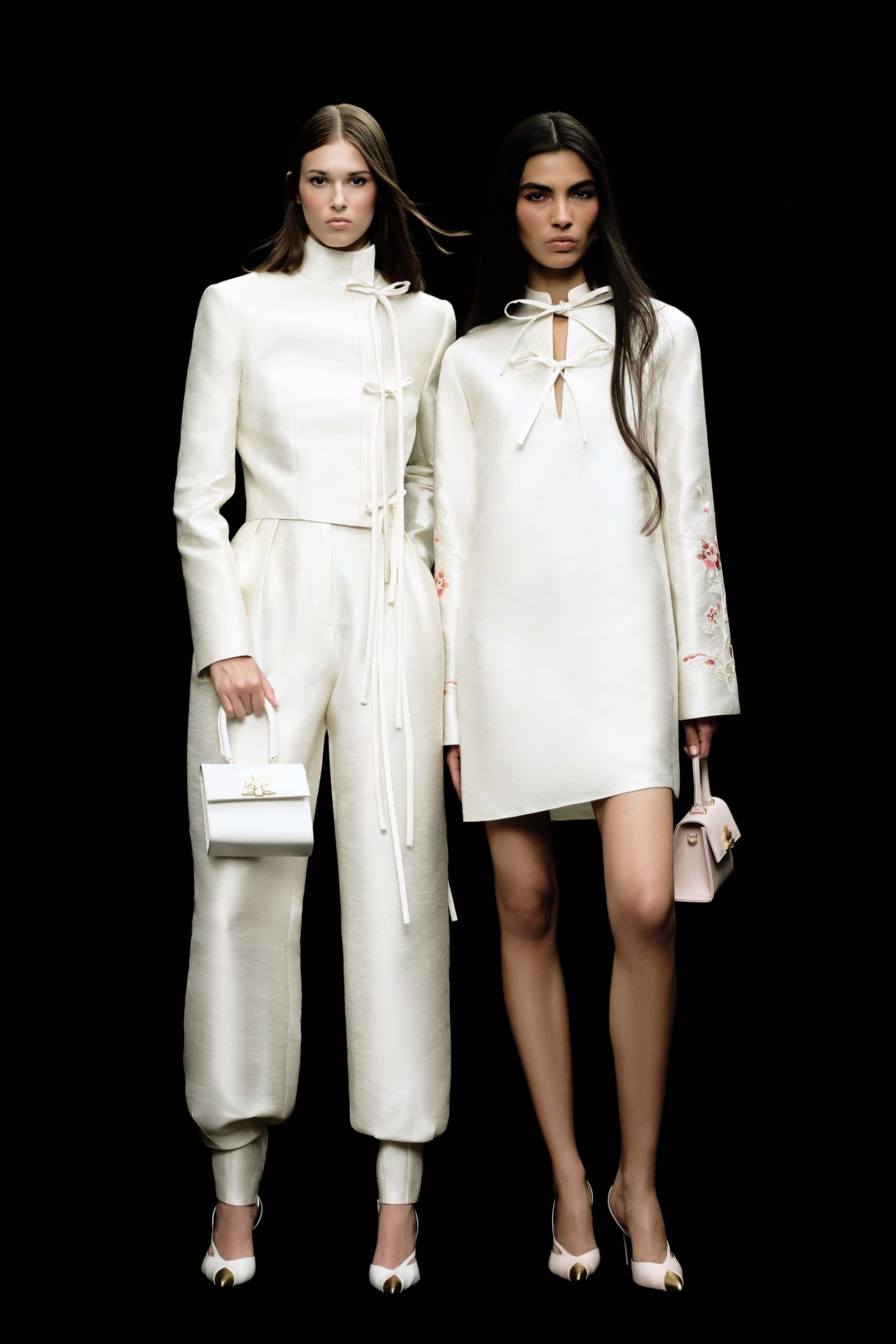 white silk long-sleeve collared fitted embroidered short dress