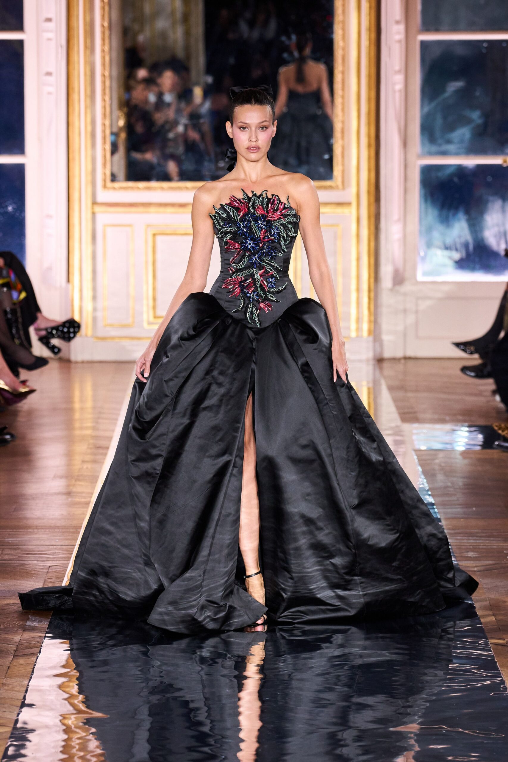 black silk strapless gown