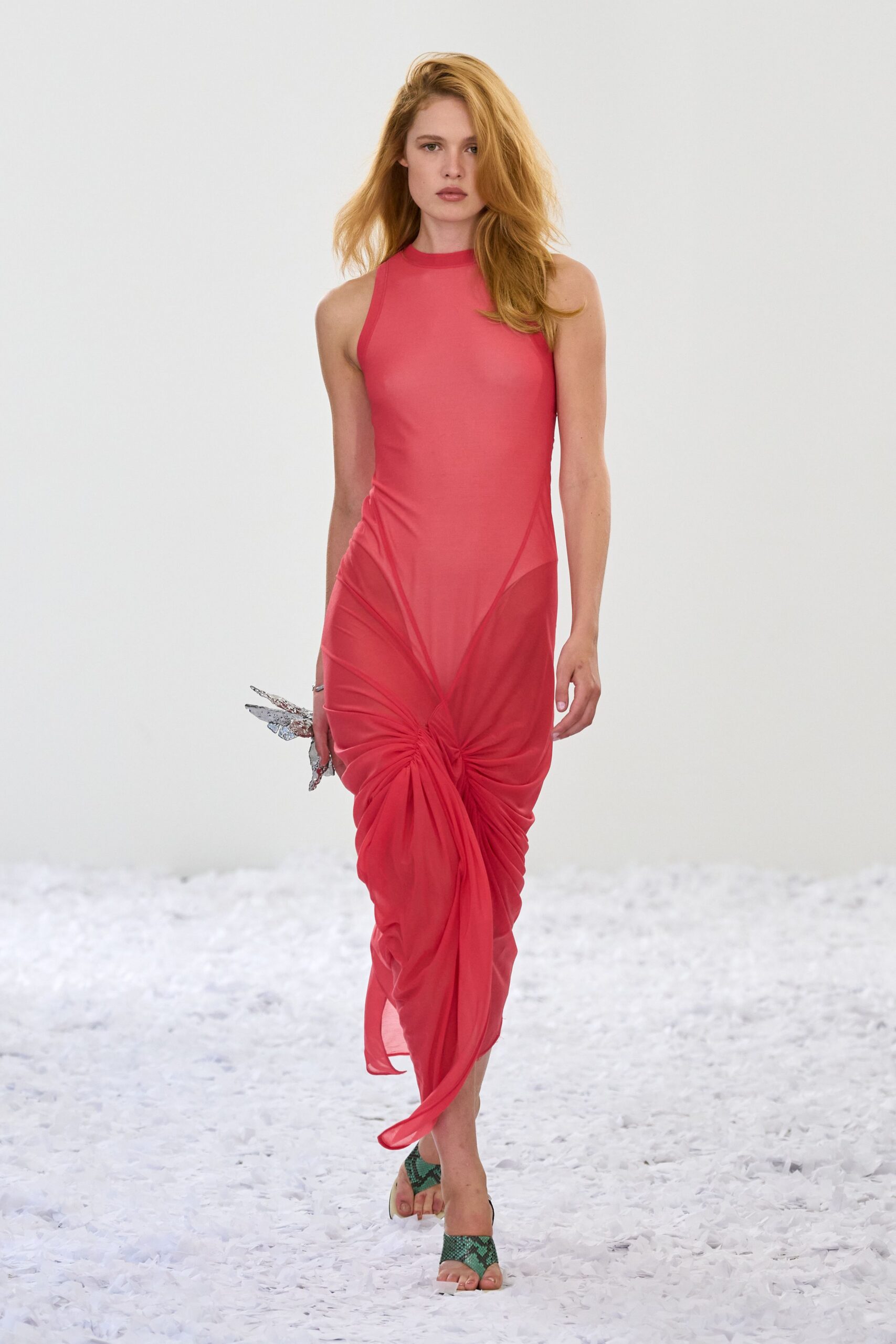 pink chiffon sleeveless high-neck fitted draped layered gown