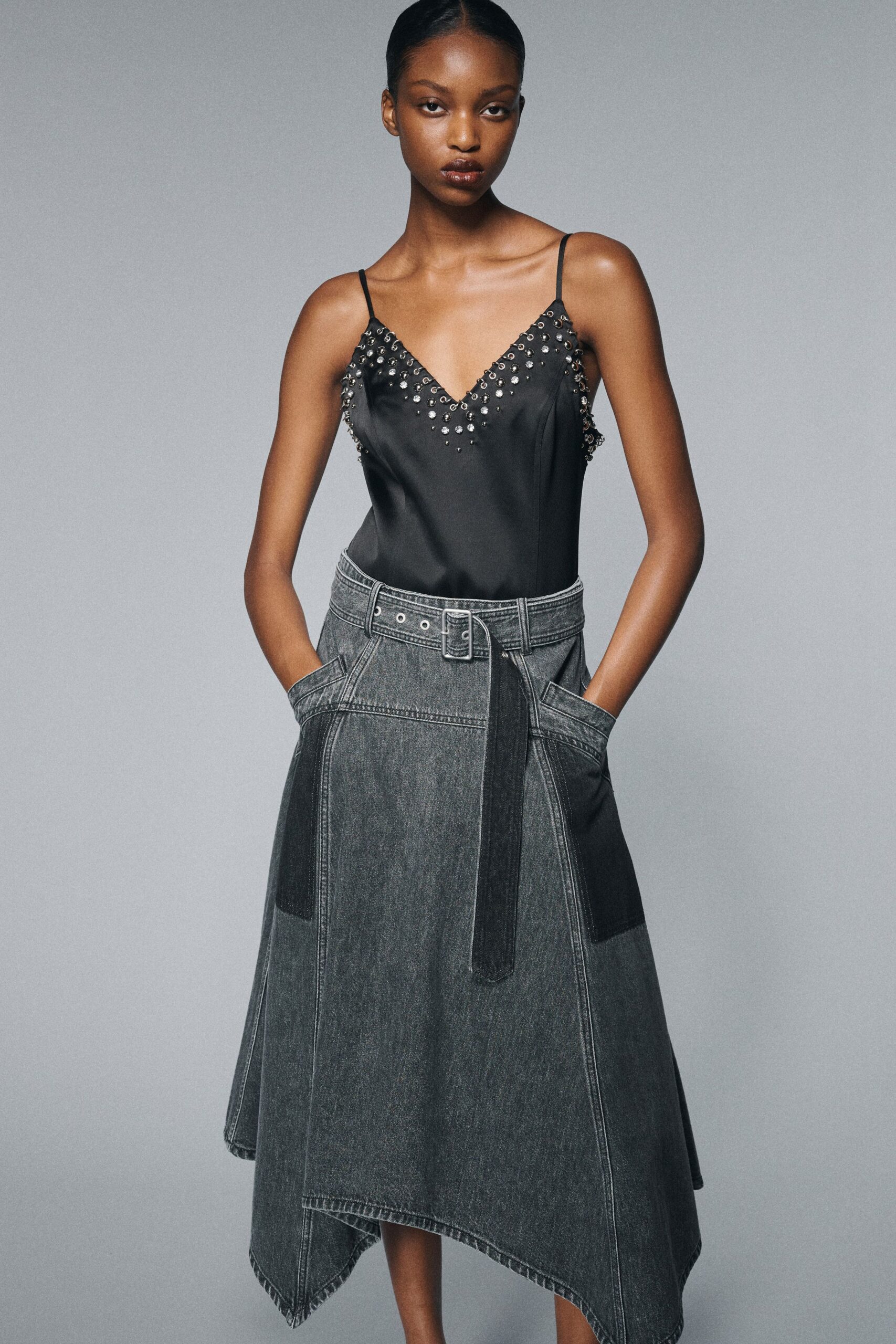 gray denim asymmetric relaxed high-waisted pockets belted skirt