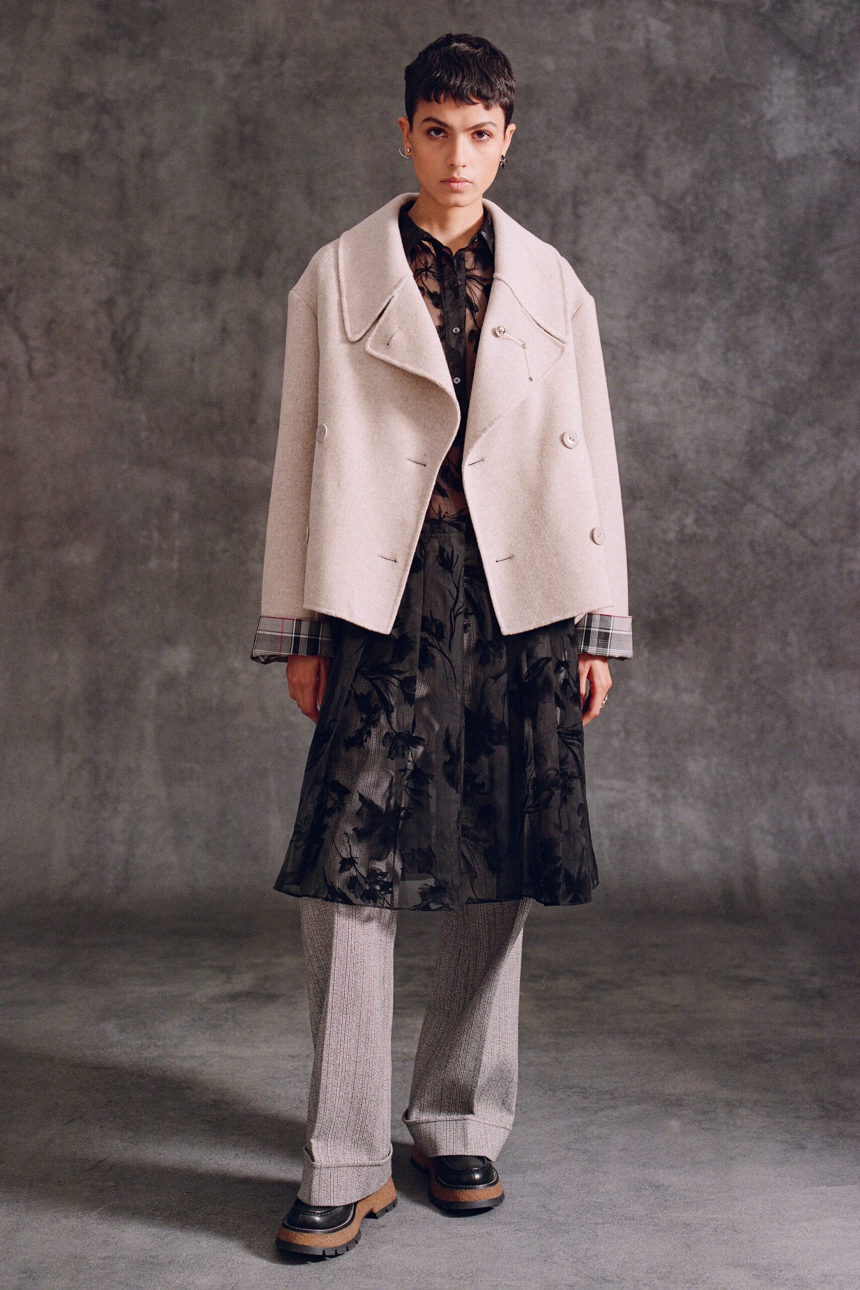 beige wool long-sleeve collared structured buttoned coat
