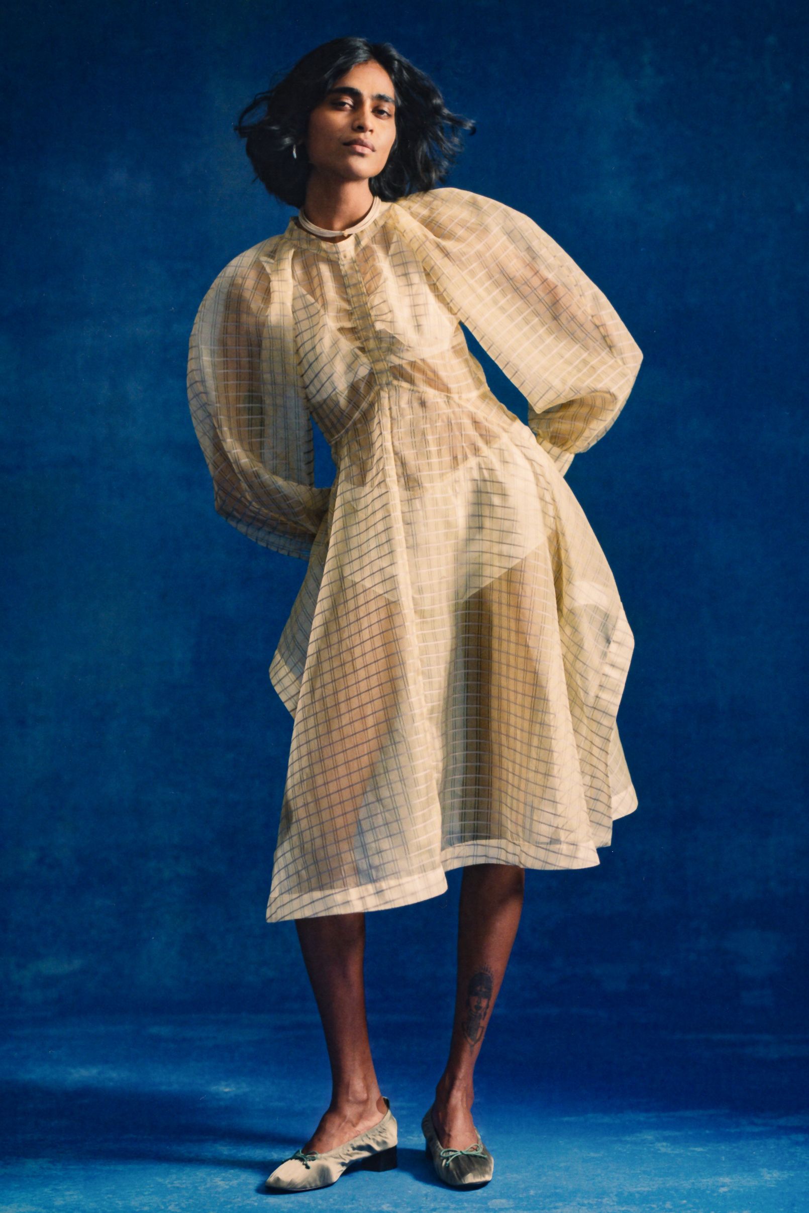 beige cotton long-sleeve collared relaxed pleated embroidered dress