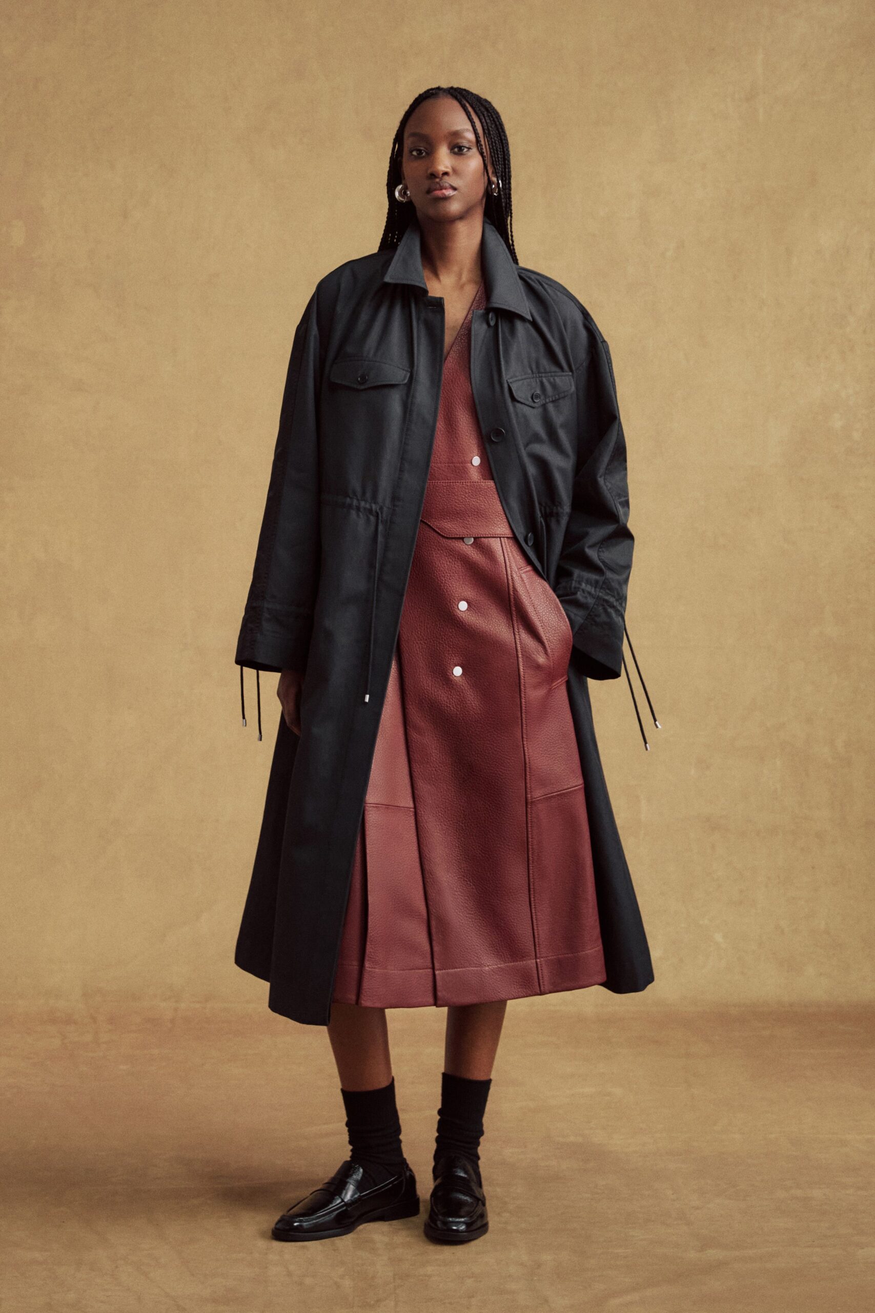 brown leather sleeveless v-neck fitted buttoned midi dress