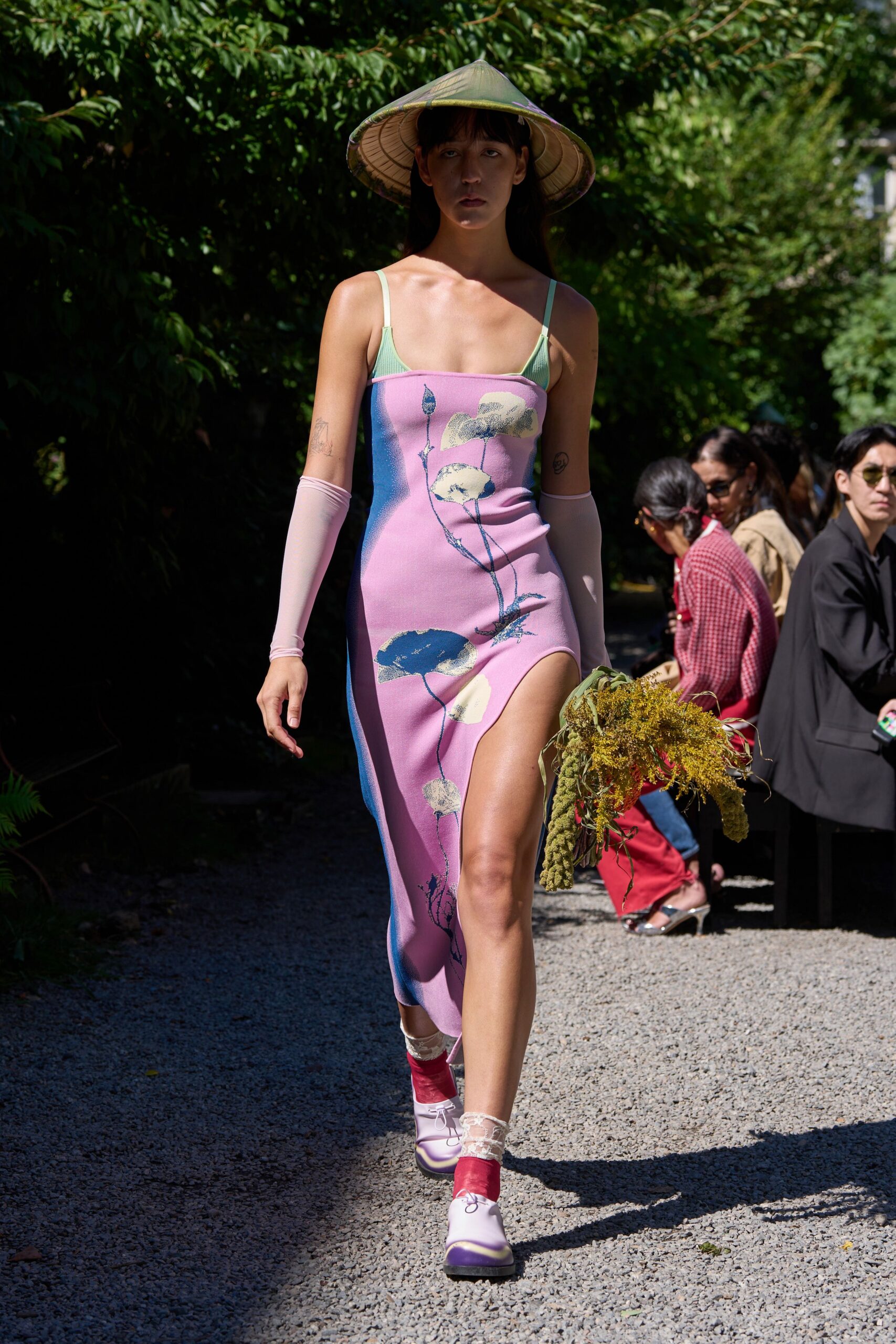 pink silk sleeveless high-neck fitted printed midi dress