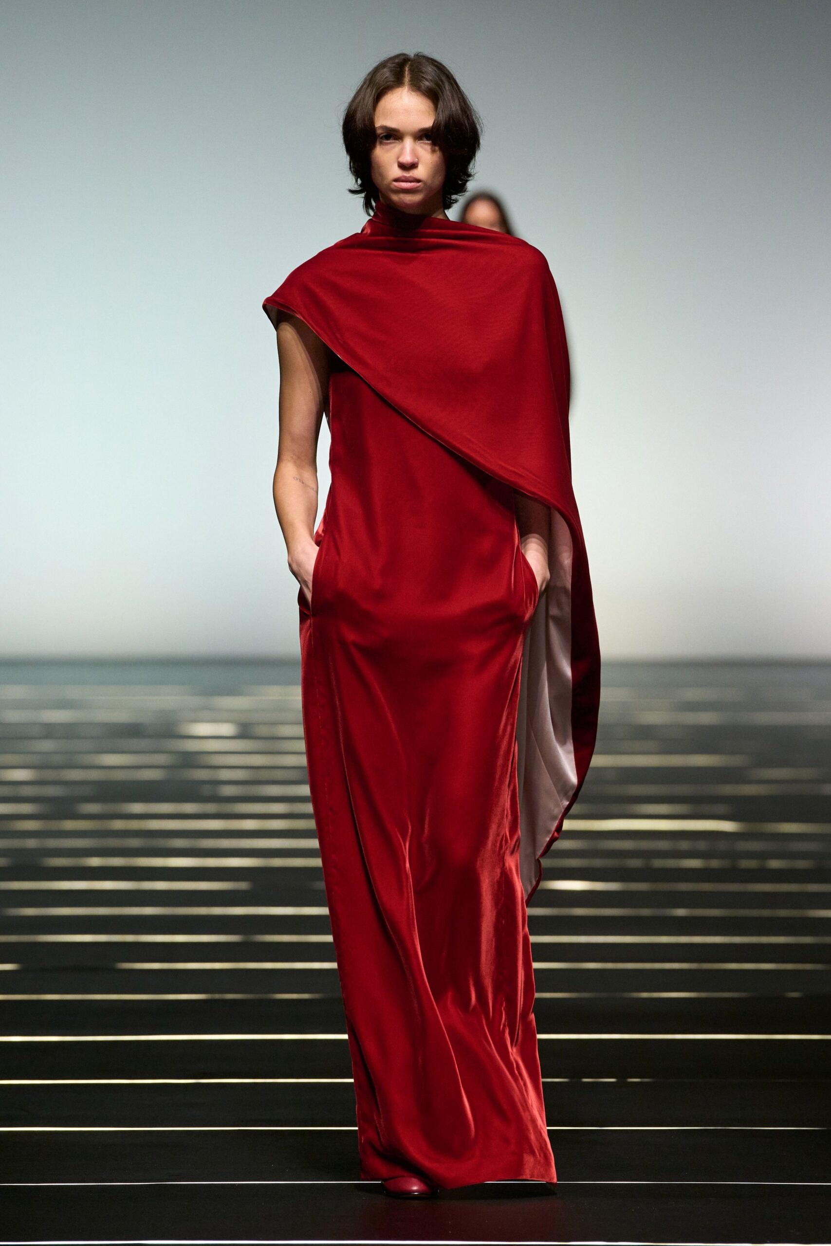 red silk sleeveless gown