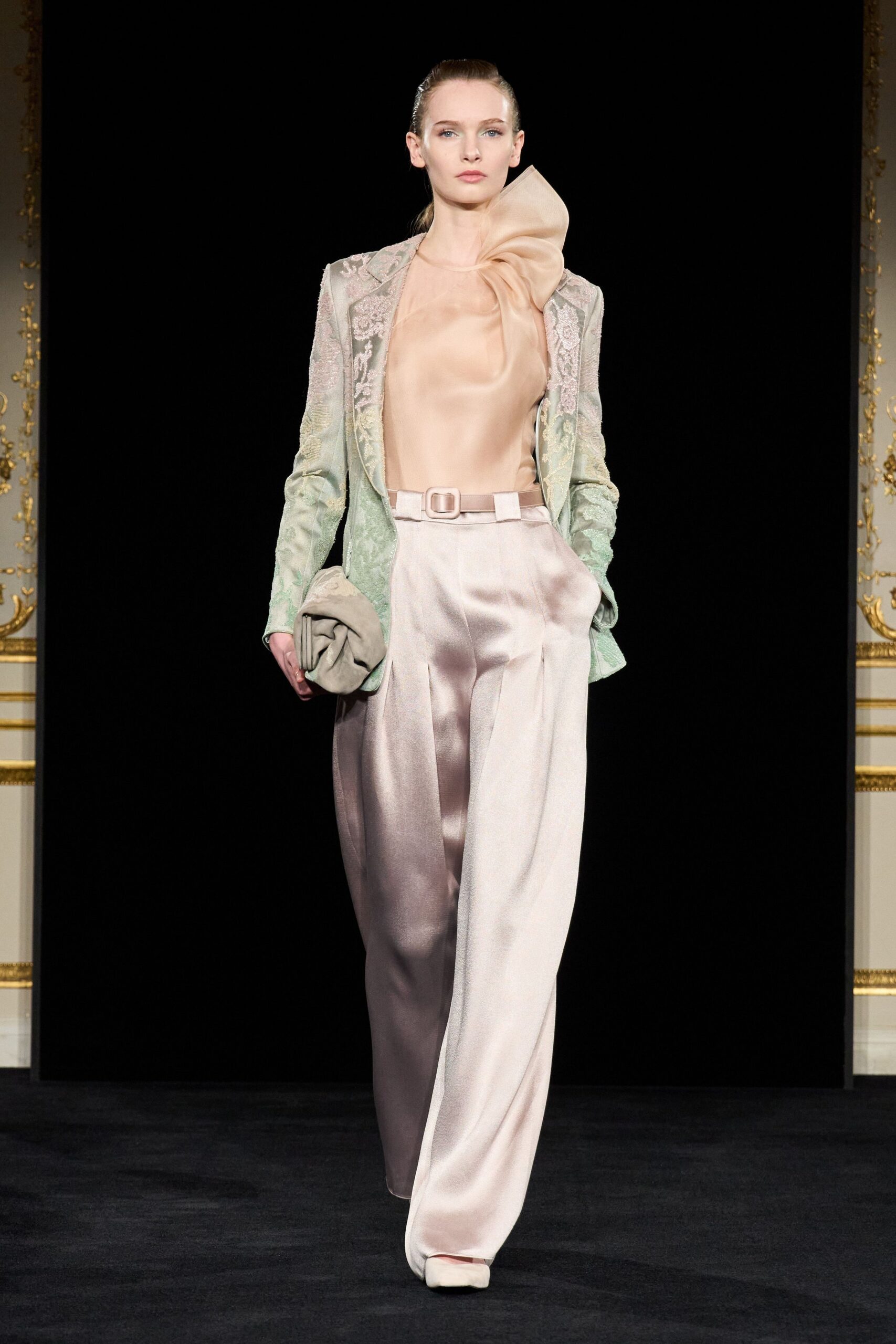 green silk long-sleeve collared tailored embroidered blazer