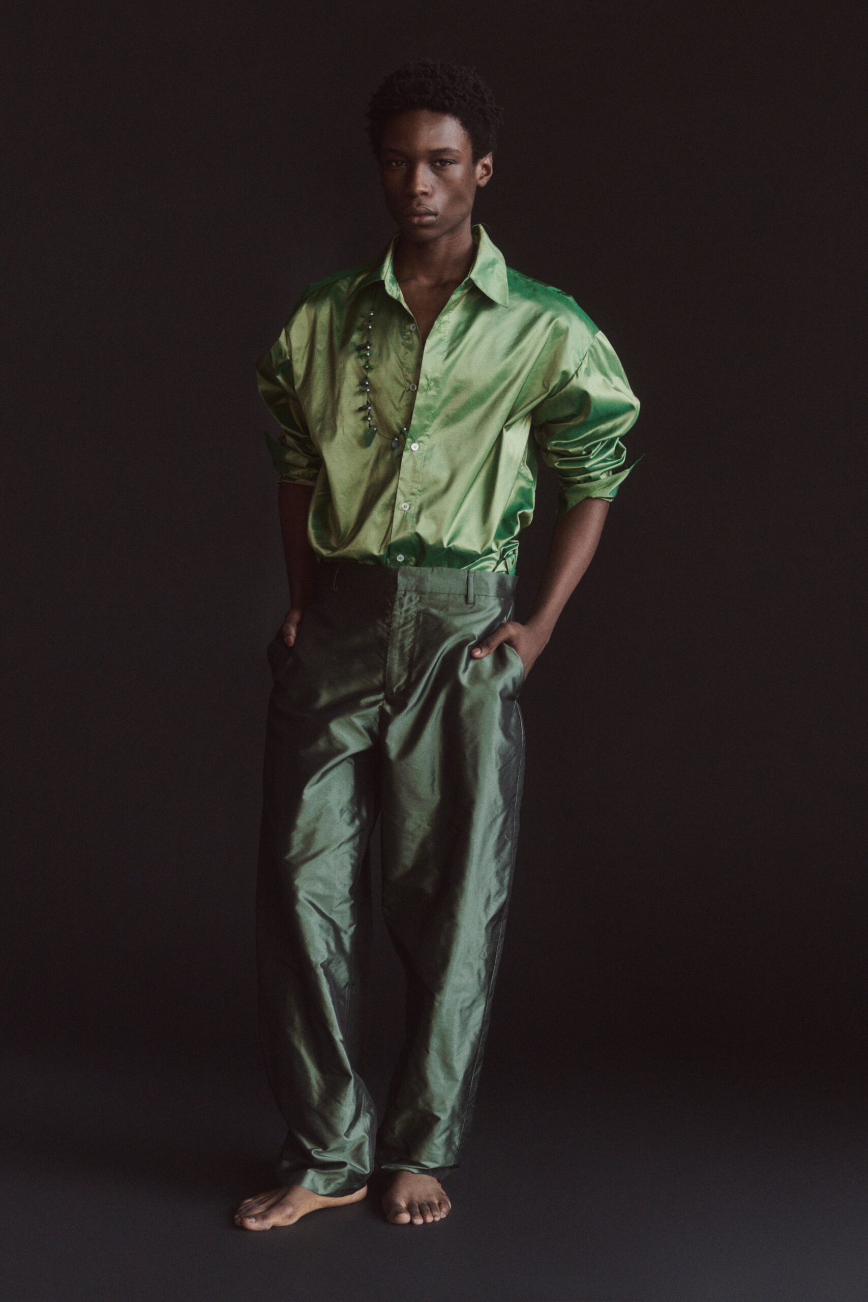 green silk long-sleeve collared relaxed buttoned shiny shirt