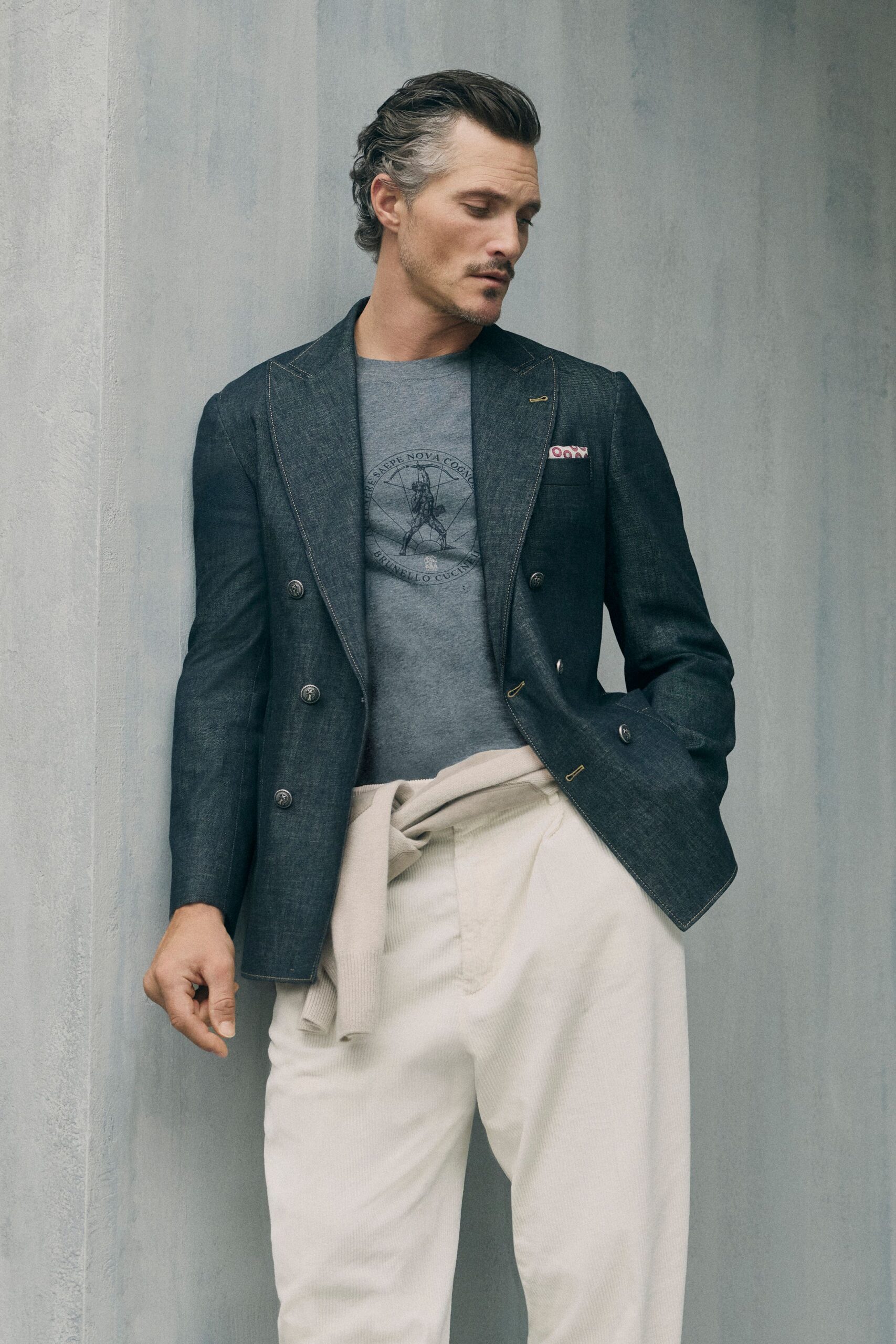 blue denim long-sleeve collared tailored blazer