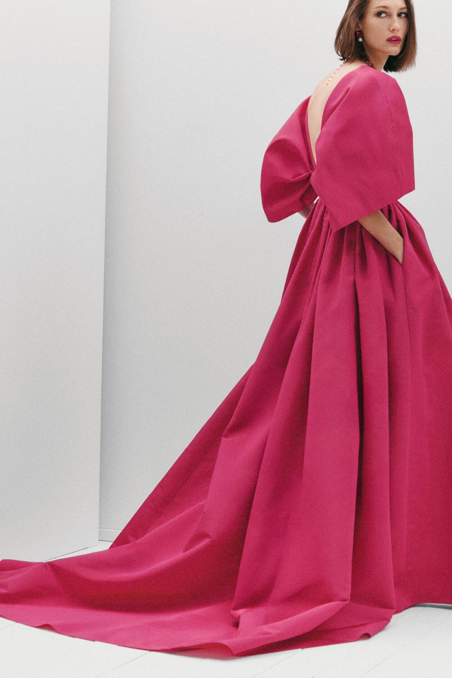 pink silk backless gown
