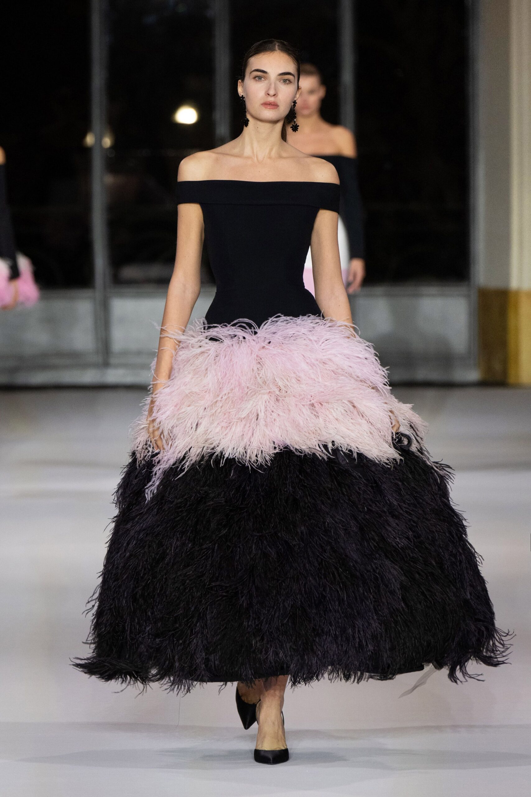 black silk off-shoulder fitted tiered maxi gown