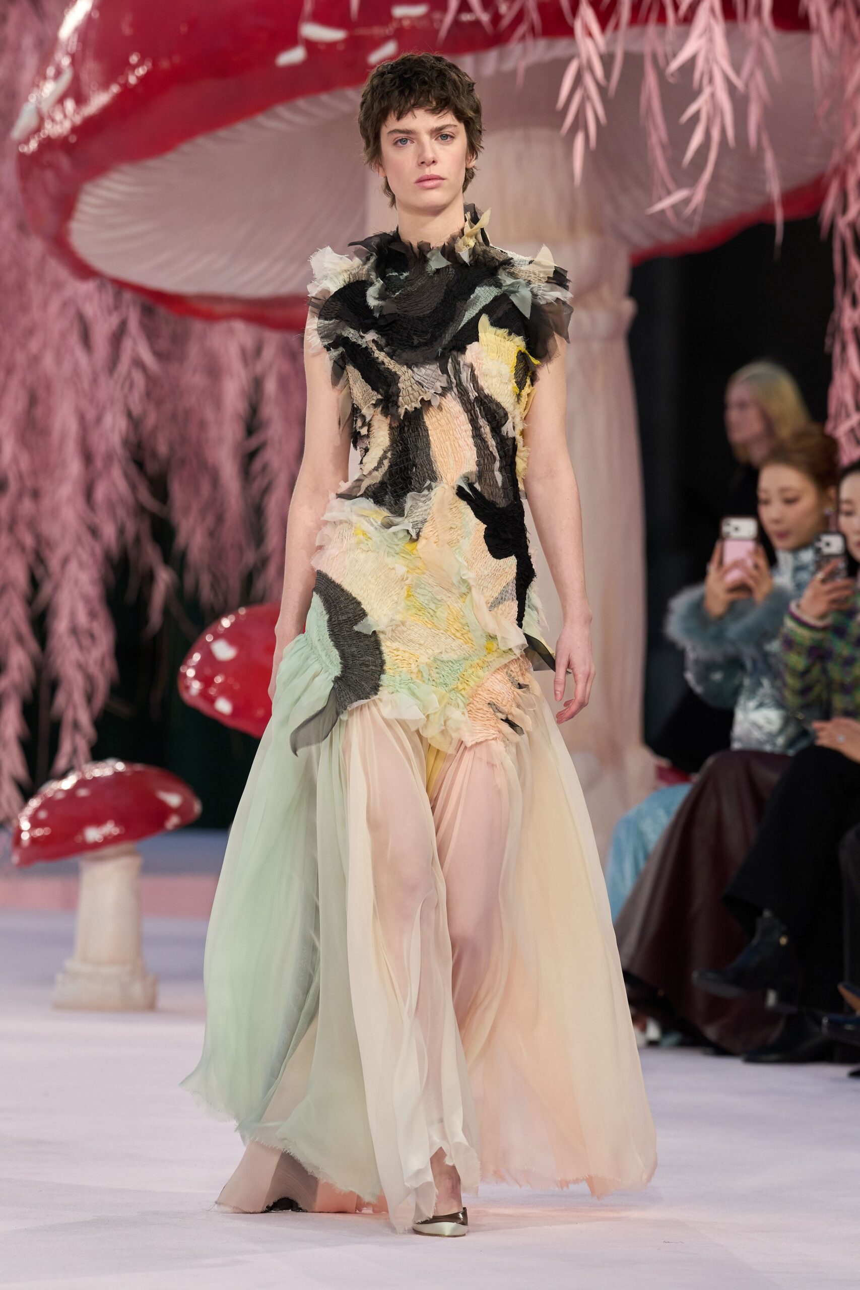 layered ruffled gown with metallic shoes