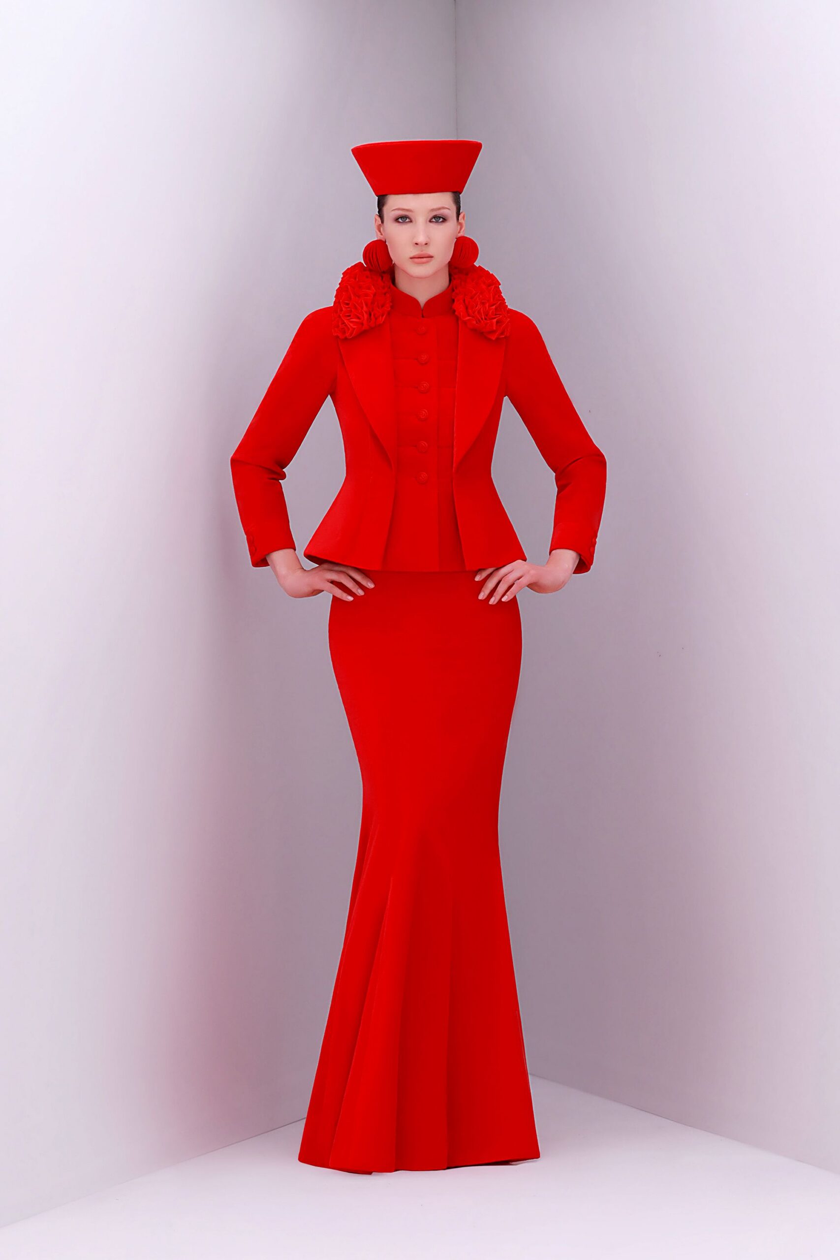red cotton long-sleeve collared fitted buttoned pleated blazer