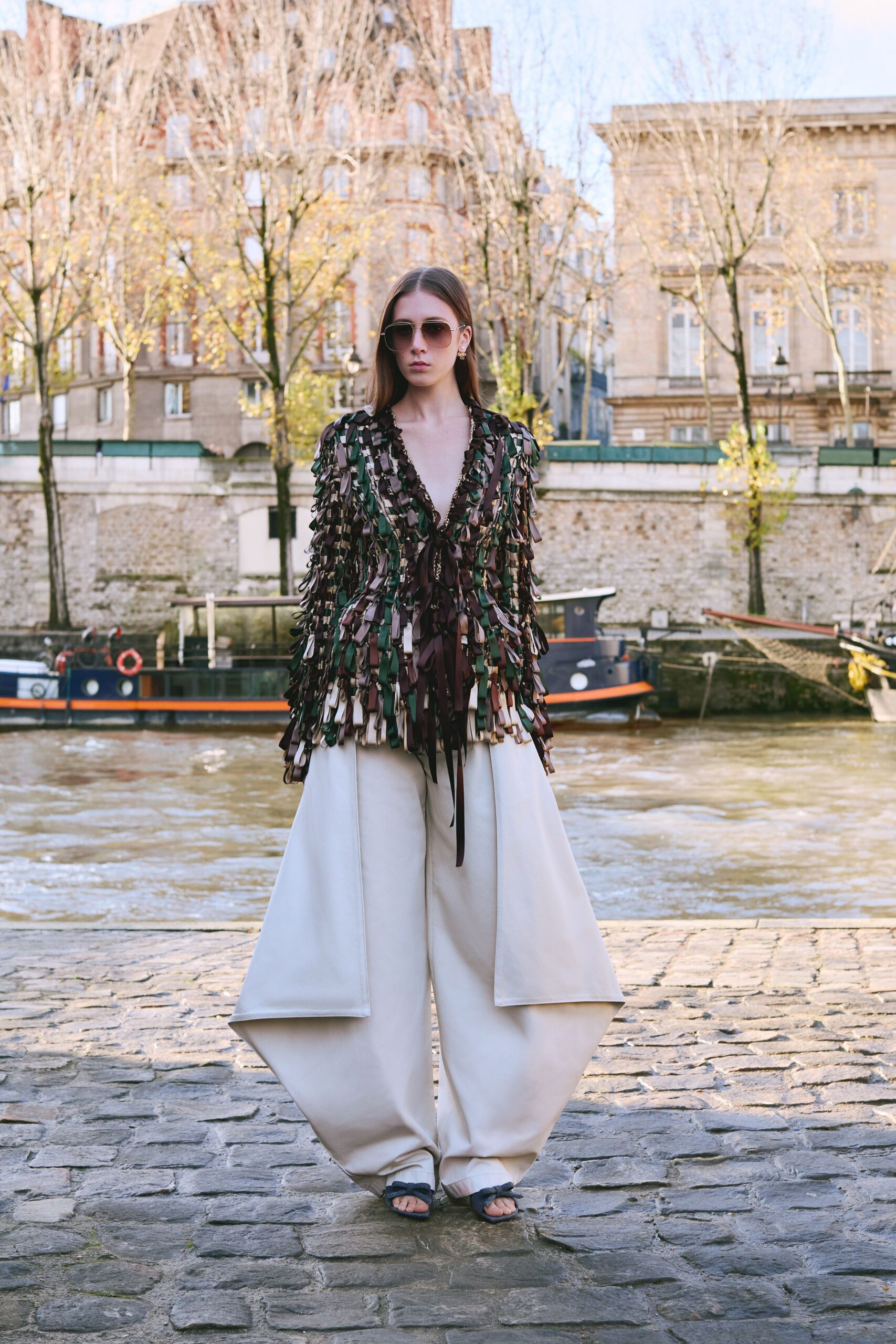 brown silk long-sleeve collared relaxed fringed jacket